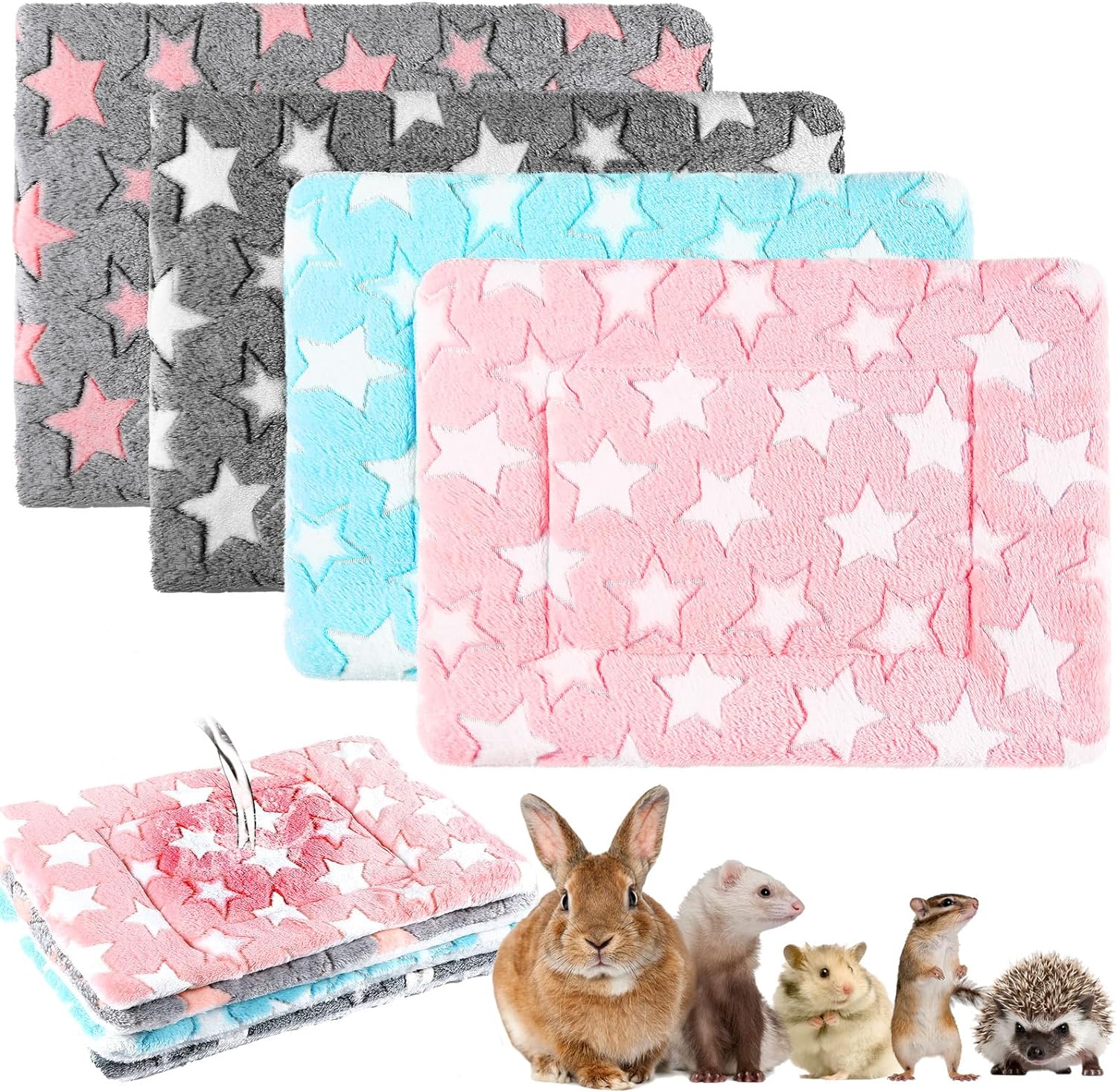 Haull 4 Pcs Waterproof Guinea Pig Bedding Winter Guinea Pig Bed Plush Cage Liners Soft Dog Cat Mat Reversible Winter Cozy Animal Pee Pad Hamster Bed Mat for Bunny(Cute Star,13 x 10 Inch)