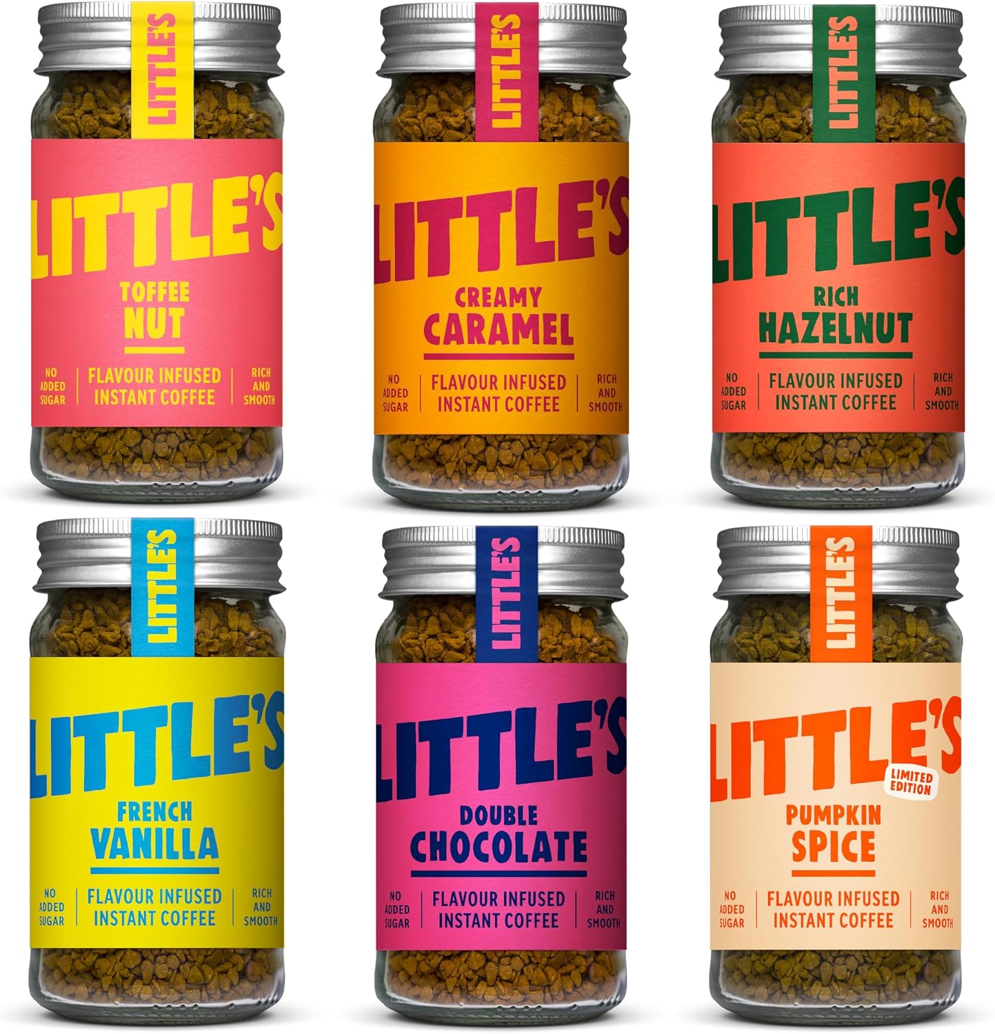 Little's Flavoured Instant Coffee Dragons Den Bundle, 6 Pack (50g x 6) - Flavours: Vanilla, Caramel, Rich Hazelnut, Toffee Nut, Double Chocolate, Pumpkin Spice - Vegan Friendly, Low Calories