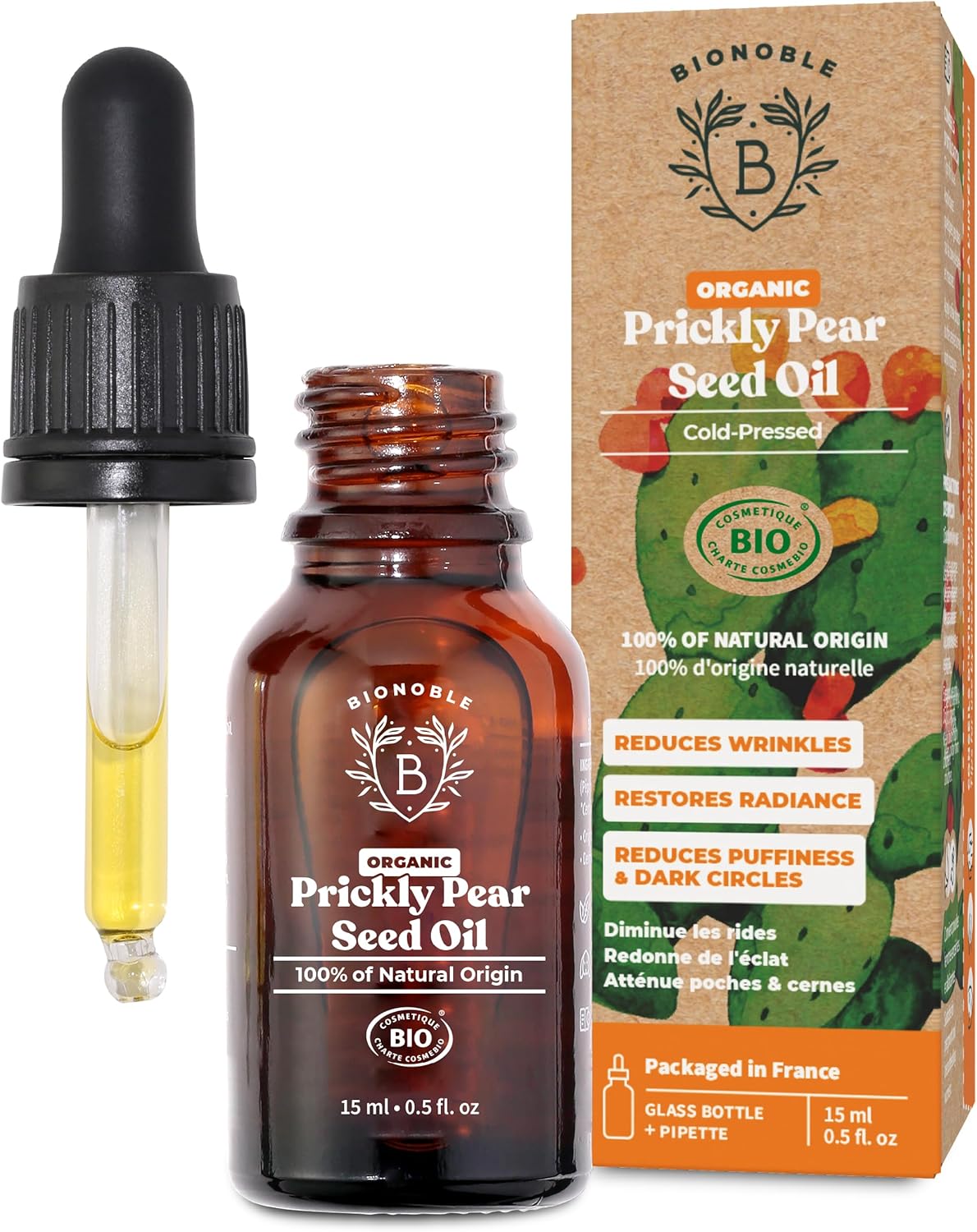 Bionoble Organic Prickly Pear Seed Oil 15ml - 100% Pure, Natural and Cold Pressed - Face, Body, Hair, Beard, Nails - Vegan and Cruelty Free - Glass Bottle + Pipette
