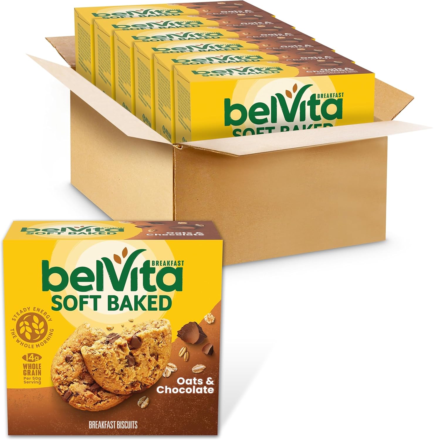 belVita Soft Baked Oats & Chocolate Breakfast Biscuits, 6 Boxes of 5 Packs (1 Biscuit Per Pack)