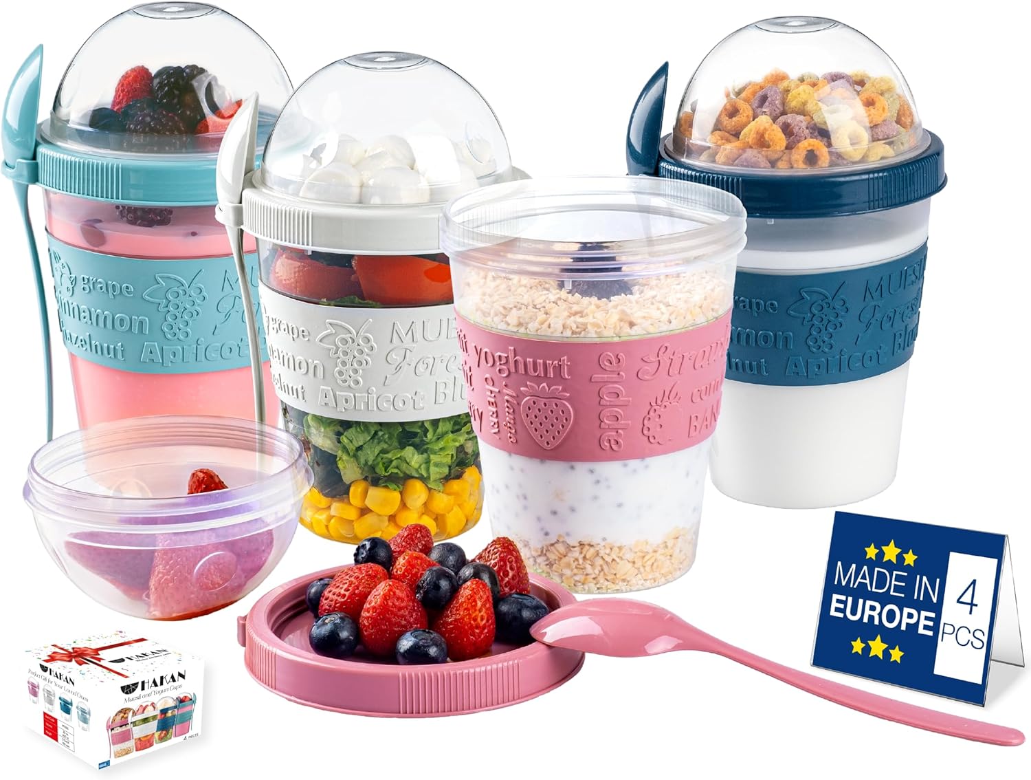 Hakan 20 oz Yogurt Parfait Cups with Lids - 4 Pack, Reusable Cups with Dome Lid and Spoon Yogurt Cups with Topping Compartment BPA-Free Plastic on the Go Cups in Special Box Overnight Oat Containers