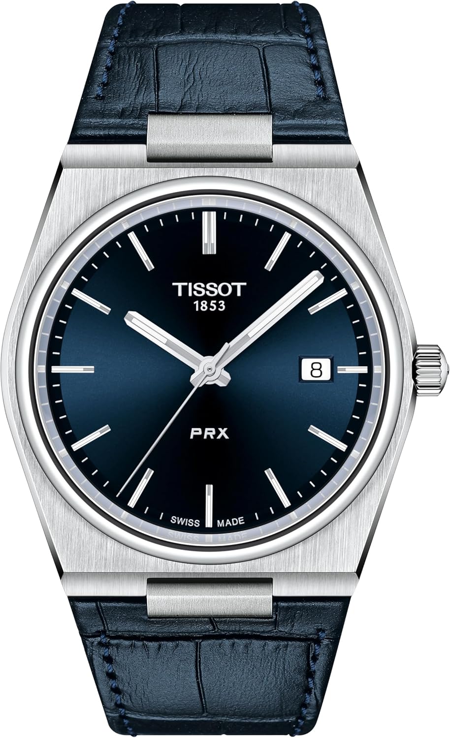 Tissot Mens PRX 316L Stainless Steel case Quartz Watch, Blue, Leather, 12 (T1374101604100)