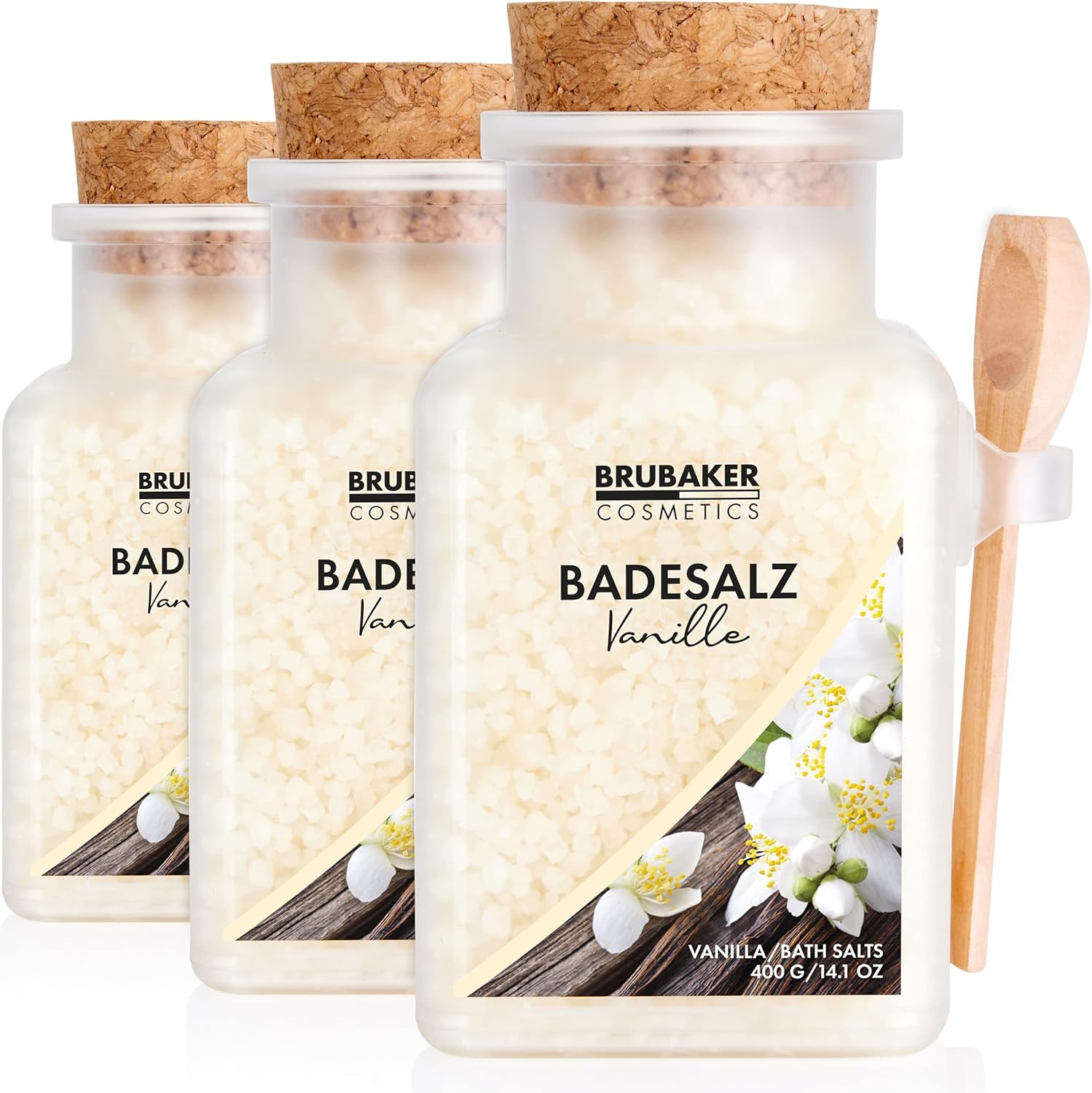 Brubaker Bath Salts 3X 400 g - Vanilla Scent - Bath Additive with Natural Extracts - Wellness Bath for Relaxation, Recreation and Body Care with Practical Wooden Measuring Spoon
