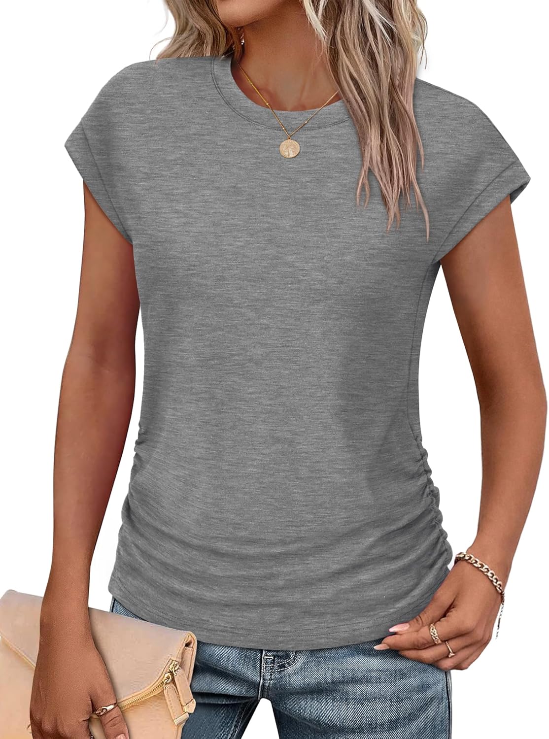 SAMPEEL Womens Summer Tops Trendy 2025 Ruched Cap Short Sleeve Tshirts Shirts Crew Neck T Shirts Fashion