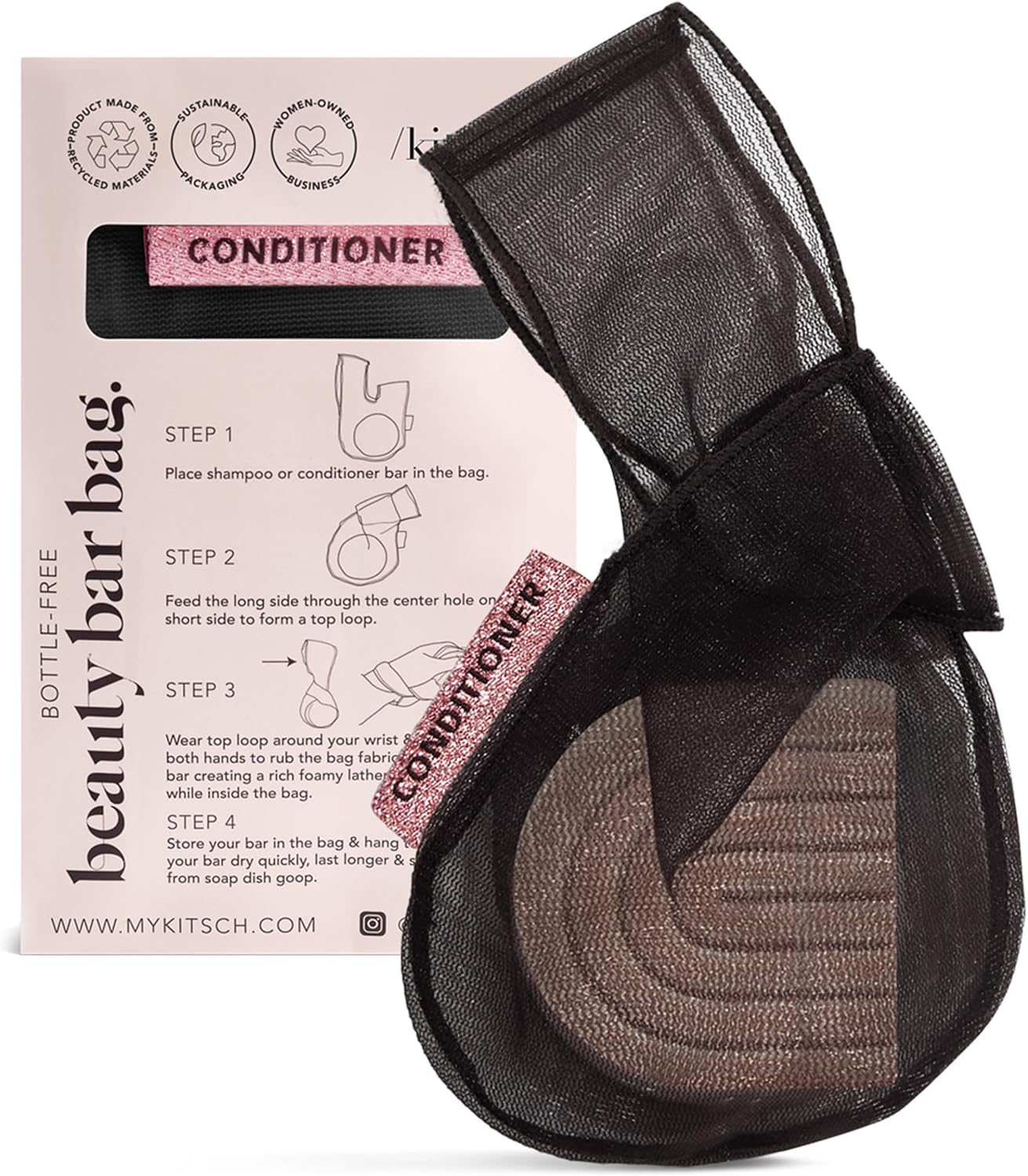 Kitsch Bar Soap Bag, Recycled Mesh Beauty Pouch, Eco-Friendly - Black
