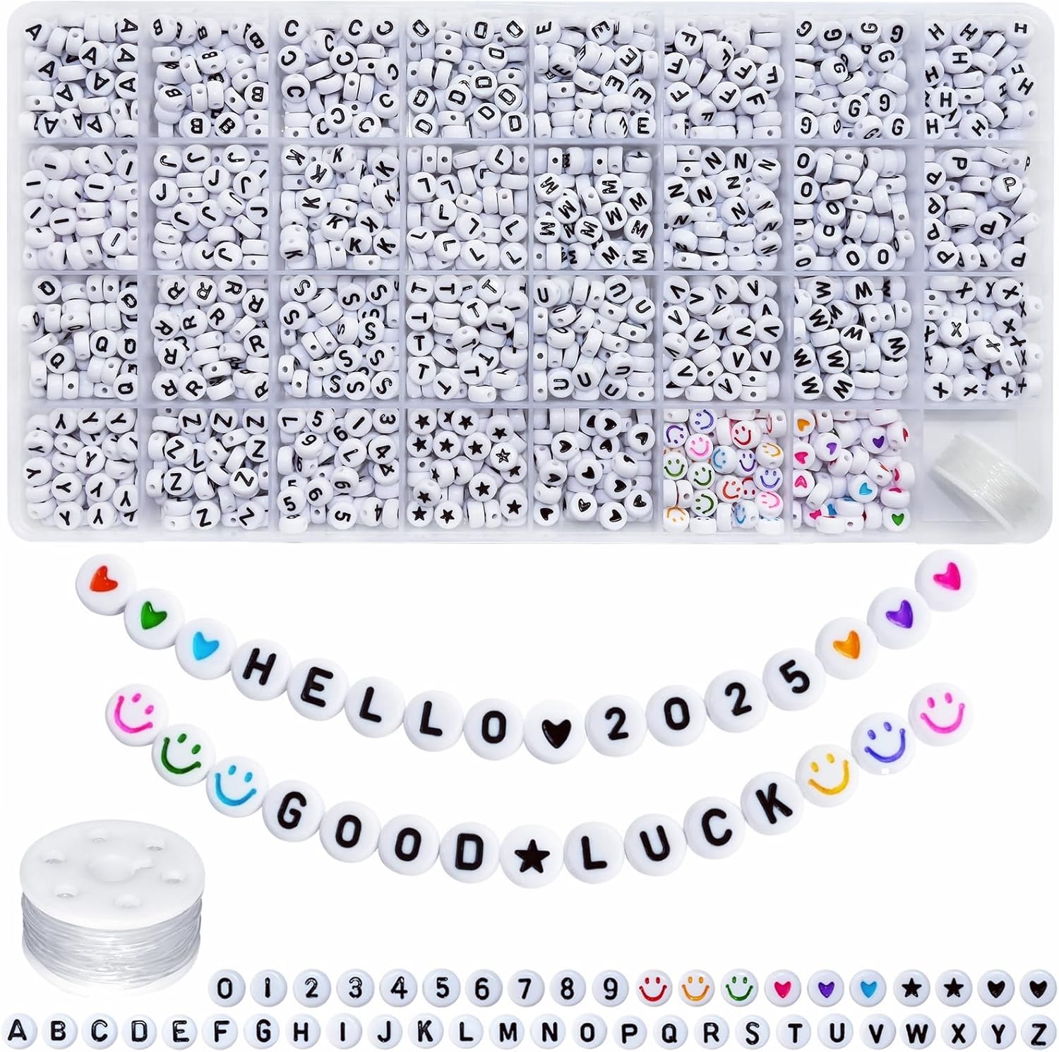 Amaney 1600pcs Letter Beads,Heart Beads,Number Beads,Star Beads and Smiley Beads,4x7mm White Acrylic Beads 31 Styles for Jewelry Making Bracelets Necklaces Key Chains
