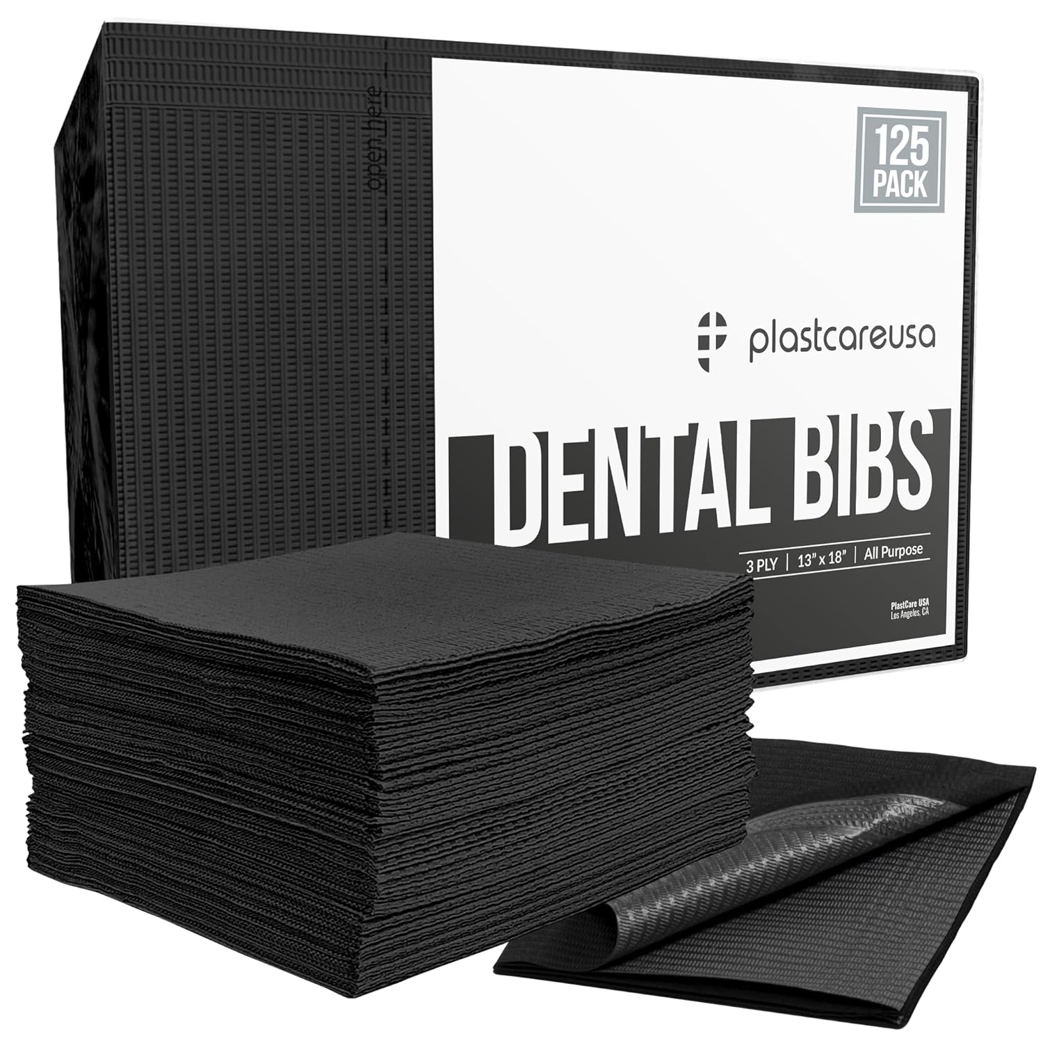 Disposable Dental Bibs 13"x18" (125 Pack) - 3 Ply Waterproof Tattoo Bib Sheet for Patients - Dentist or Medical Tray Cover and Nail Table Cover Supplies, Black
