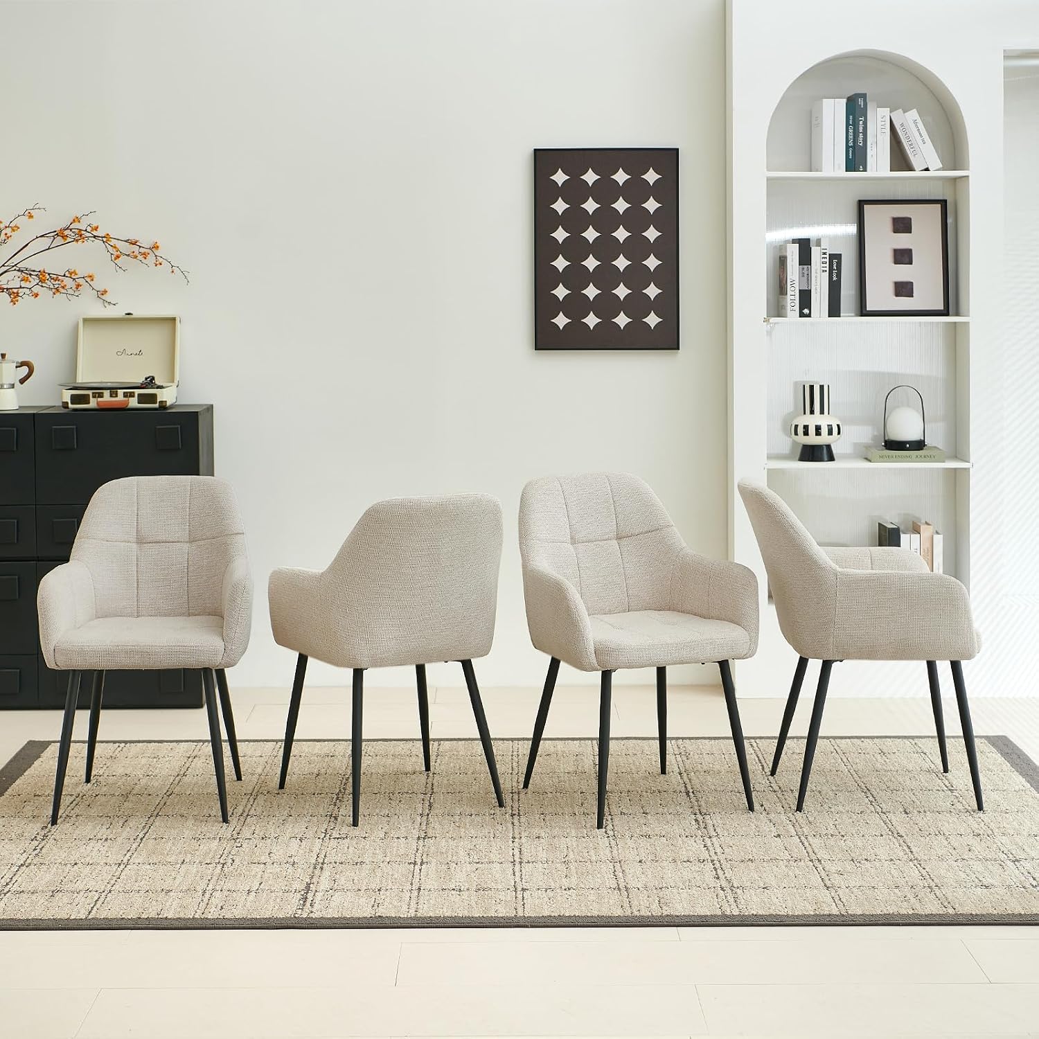 Modern Beige Dining Chairs Set of 4, Ergonomic Armchairs with Cross Metal Legs, Plush Chenille Fabric Upholstered Seat Living Room Chairs for Reception Kitchen Bedroom (4, Beige)