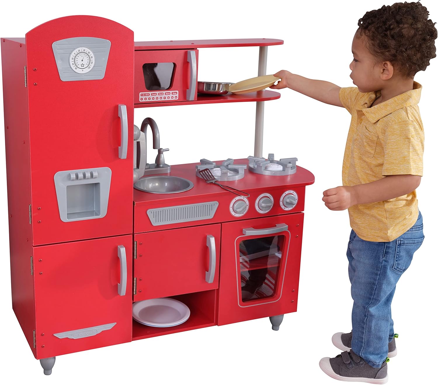 KidKraft Red Vintage Toy Kitchen, Wooden Play Kitchen with Toy Phone, Kids' Kitchen set with Retro Toy Fridge, 53173