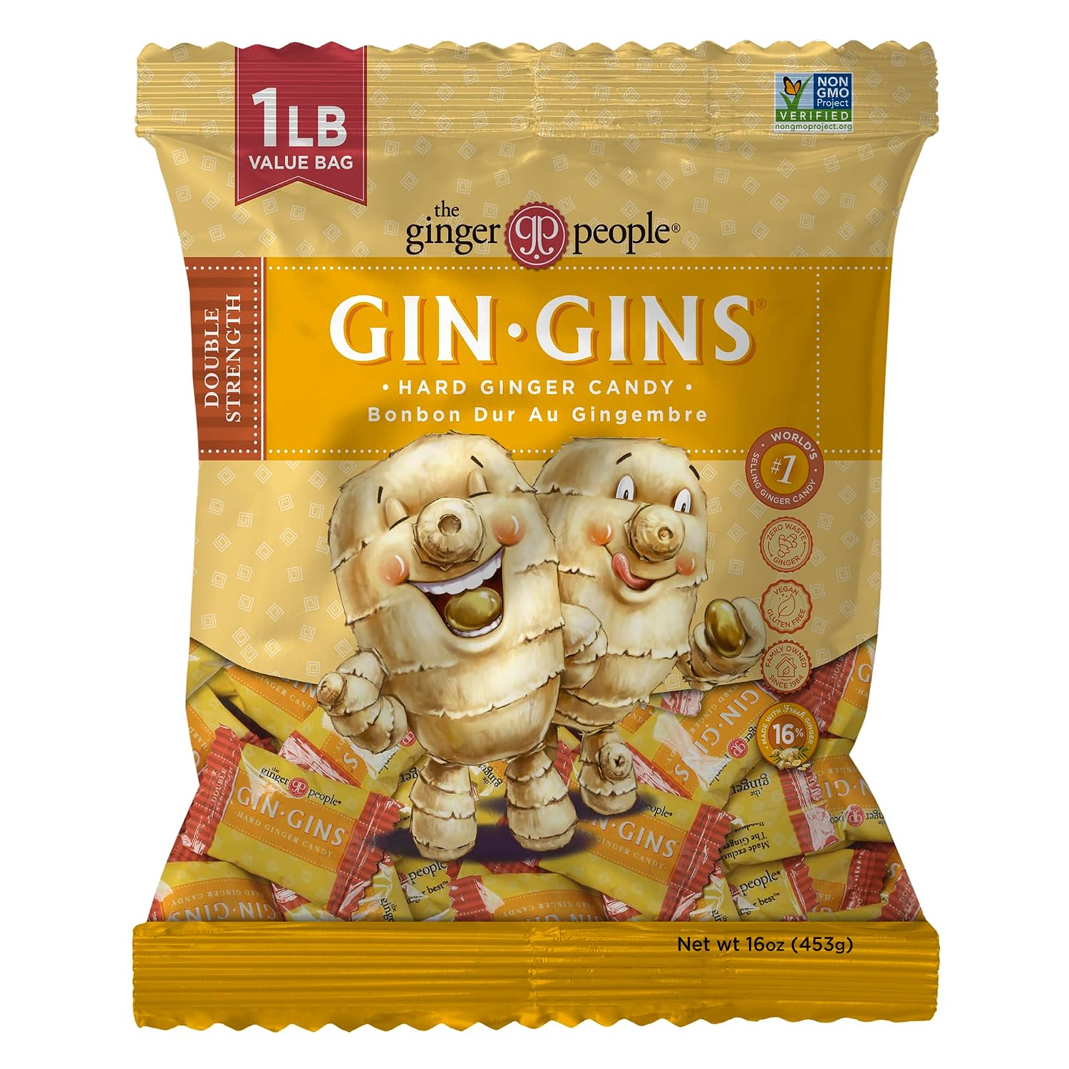 GIN GINS Double Strength Hard Ginger Candy Made w/Fresh Ginger 1lb 1Pk