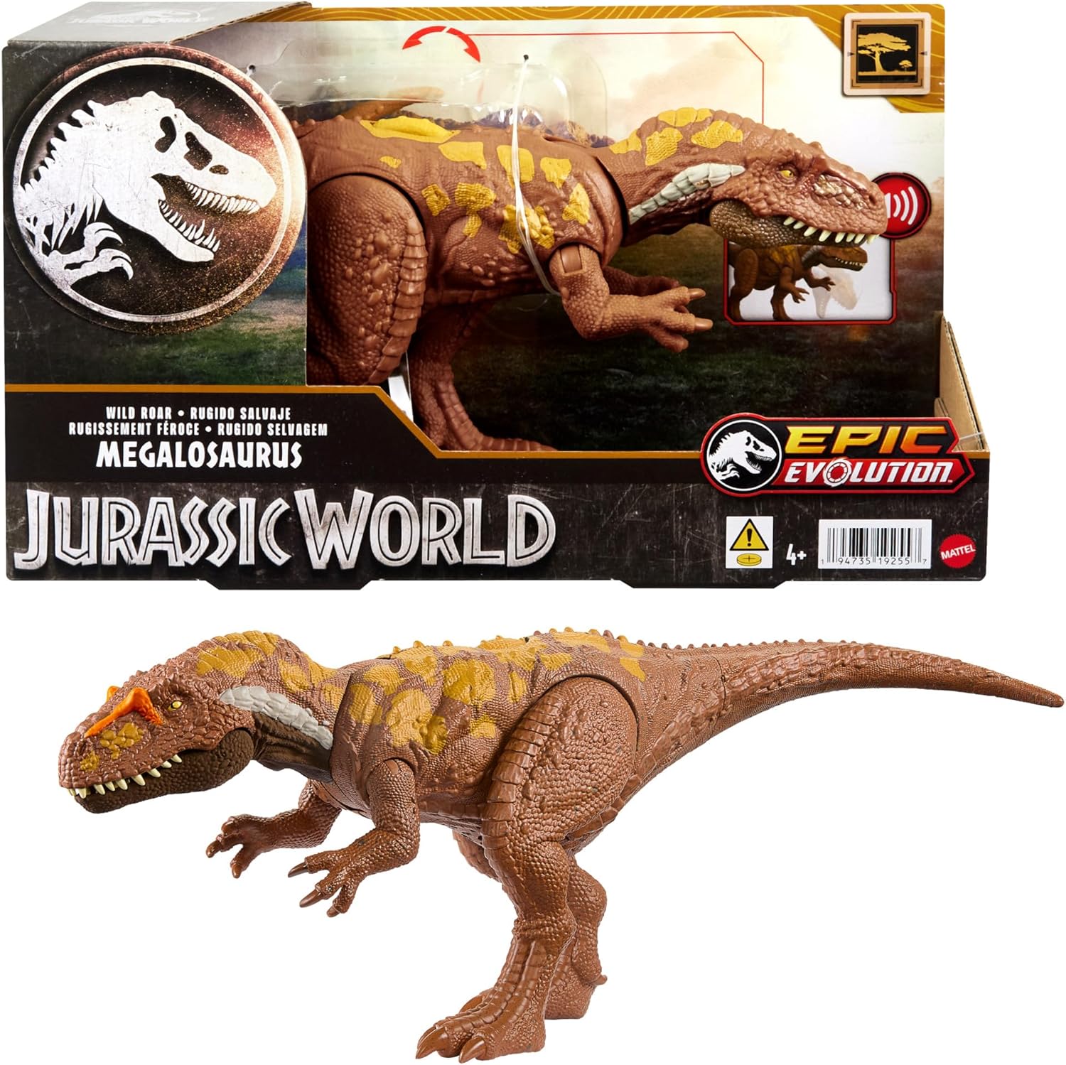 Mattel Jurassic World Wild Roar Megalosaurus Dinosaur Figure with Continuing Roar Sound & Attack Action, Posable Physical Toy & Digital Play, HTK73