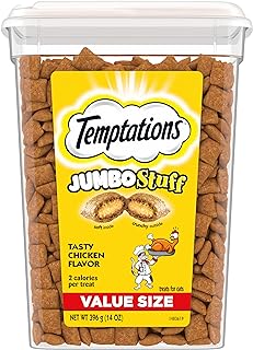 TEMPTATIONS Jumbo Stuff Crunchy and Soft Cat Treats, Tasty Chicken Flavor, 14 oz. Tub, (Pack of 1)