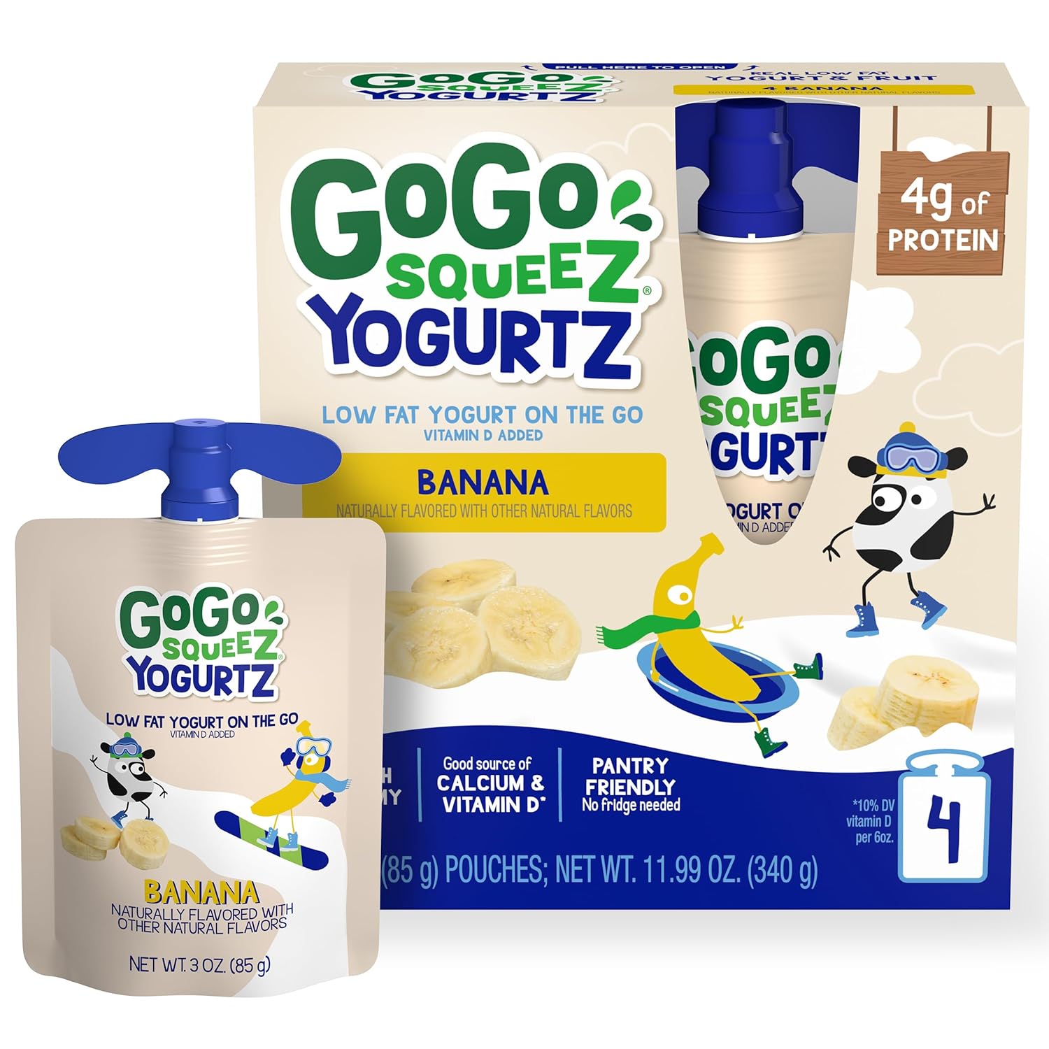 GoGo squeeZ yogurtZ Banana, 3 oz. (4 Pouches) - Kids Snacks Made from Real Yogurt & Fruit - Pantry Friendly Snack, No Fridge Needed - No Preservatives - Kosher Certified - Gluten Free Snacks for Kids