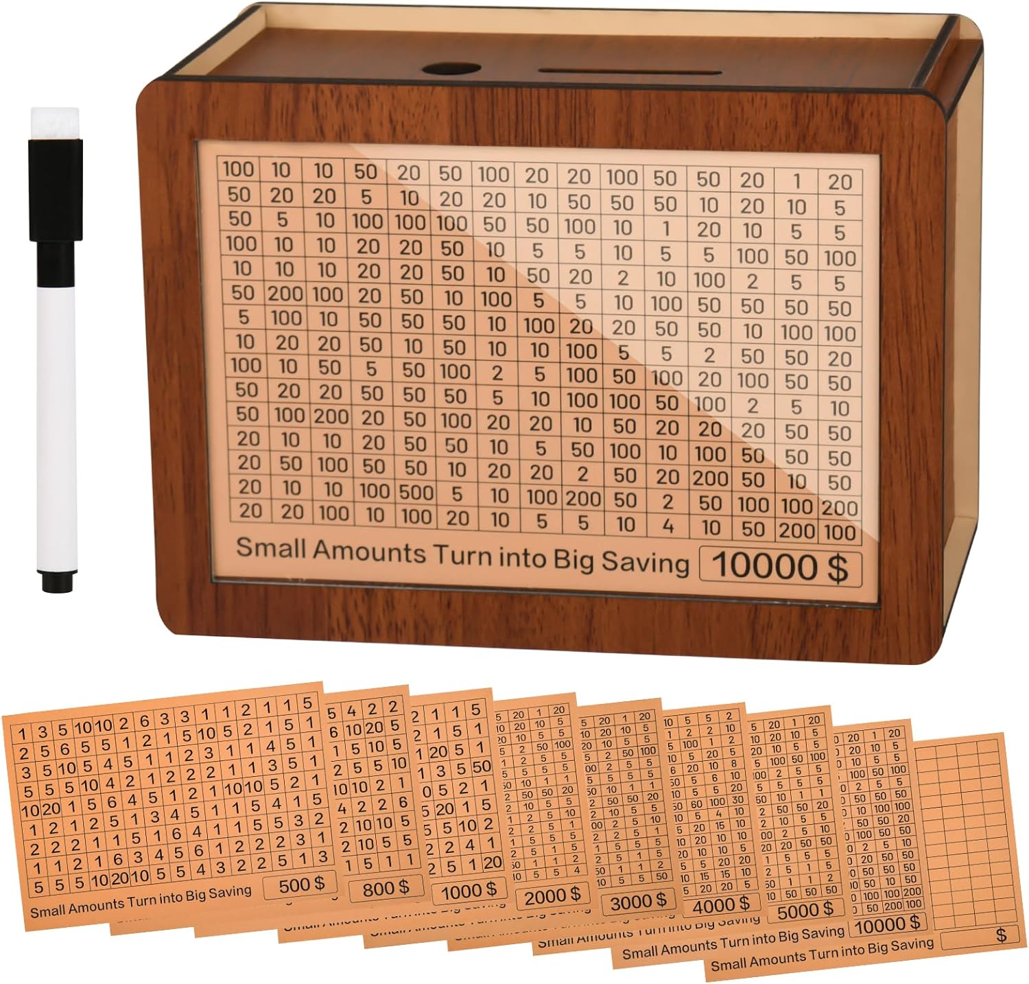 10000 Kakeibo Wooden Money Saving Challenge Box Cash Vault Piggy Bank for Adults Kids Savings Goals Smash Box Saver for Boys and Girls (10 Amounts)