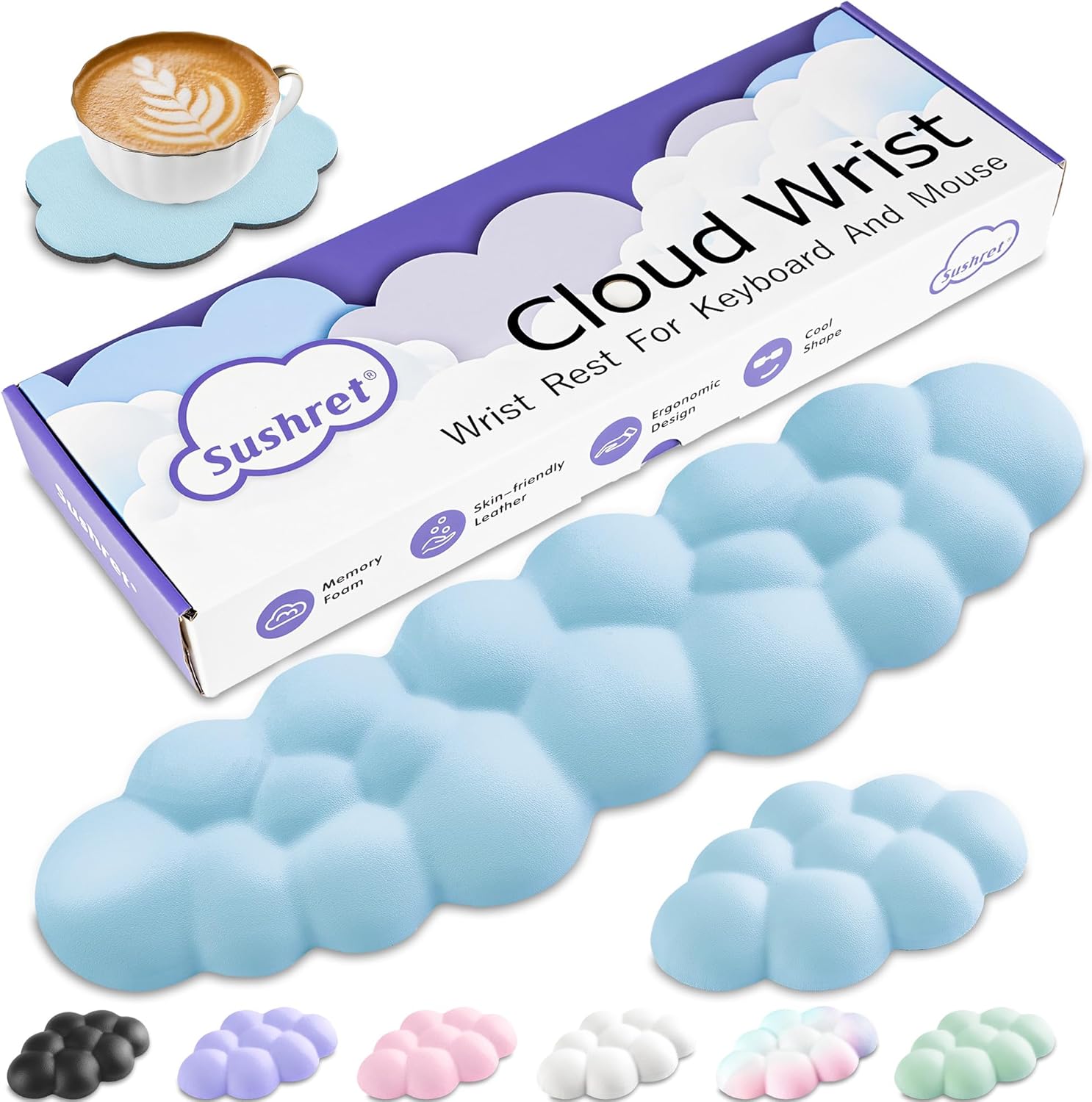 Sushret Cloud Wrist Rest Keyboard, Cloud Palm Rest Set with PU Leather Memory Foam, Cute Keyboard Rest for Wrist Support and Arm Rest, Desk Cloud Wrist Pad for PC/Gaming/Hand Cushion/Computer-Blue