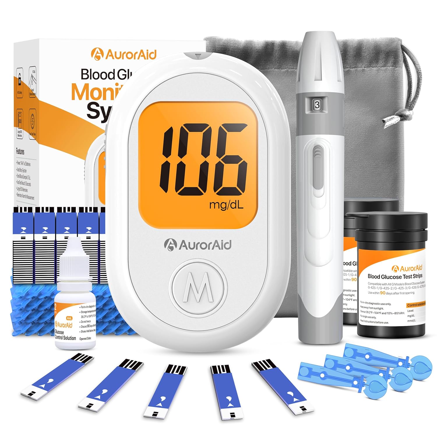 Blood Glucose Monitoring System, G-426 Blood Glucose Monitor Kit - 100 Test Strips and 100 Lancets for Home Use, 500 Memory, Glucometer with Control Solution, No Coding, Diabetes Testing