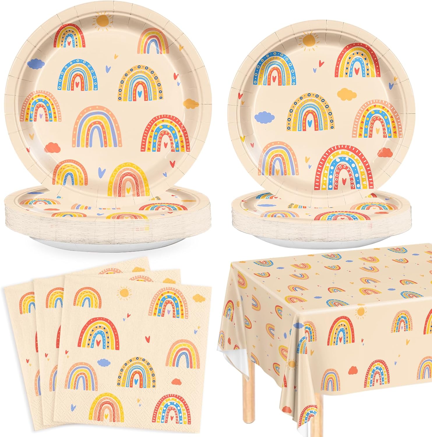 Boho Rainbow Birthday Supplies 73Pcs Rainbow Plates Napkins Tablecloth Tableware Set for Baby Shower Birthday Party Decorations Serves 24 Guests