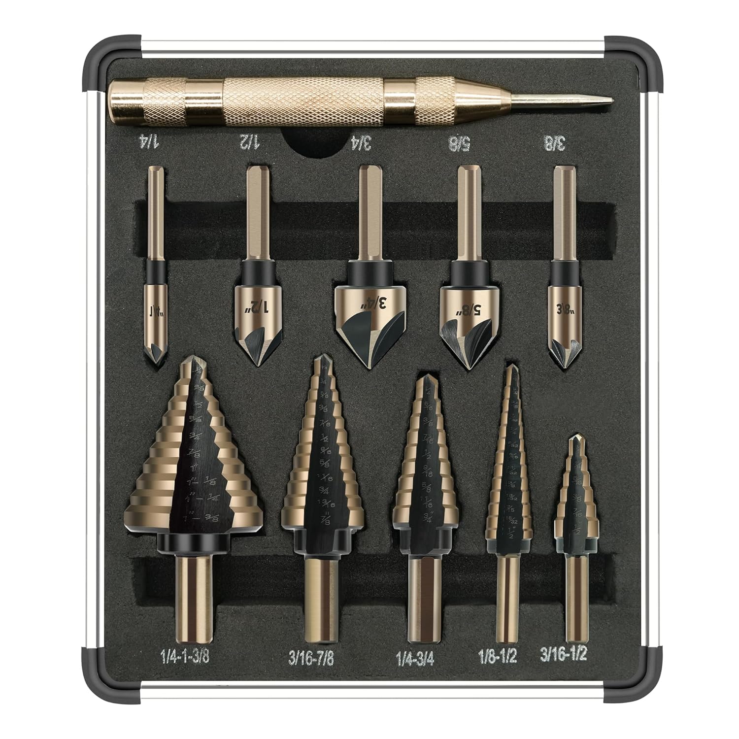 5Pcs Step Drill Bit & 5Pcs Countersink Drill Bit Set, Titanium Coated, 50 Sizes of Step Bit for Metal with Aluminum Case, Multiple Hole Stepped Up Bits for DIY