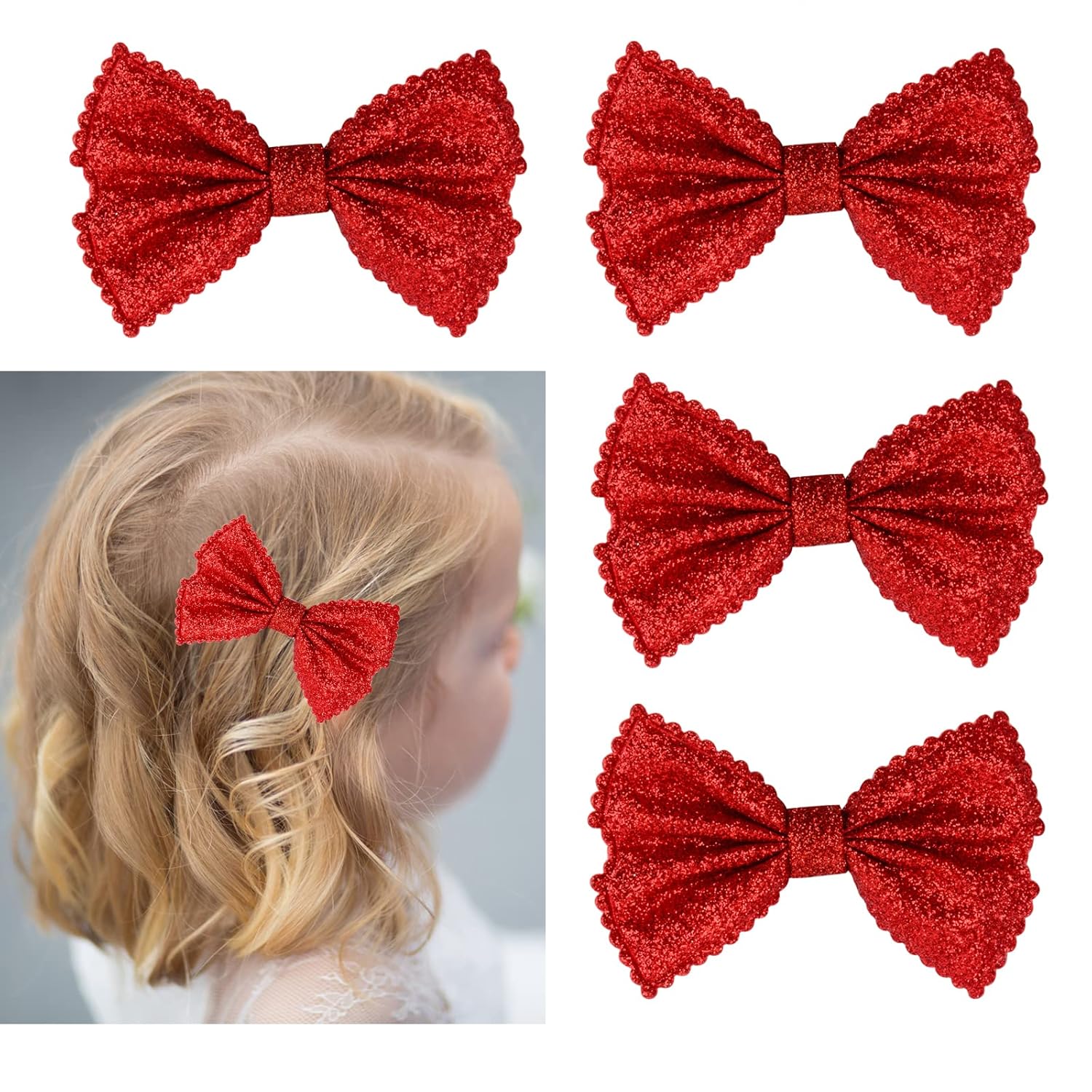 Glitter Bow Hair Clips Sparkly Bowknot Hair Barrettes 4 Pcs (red)