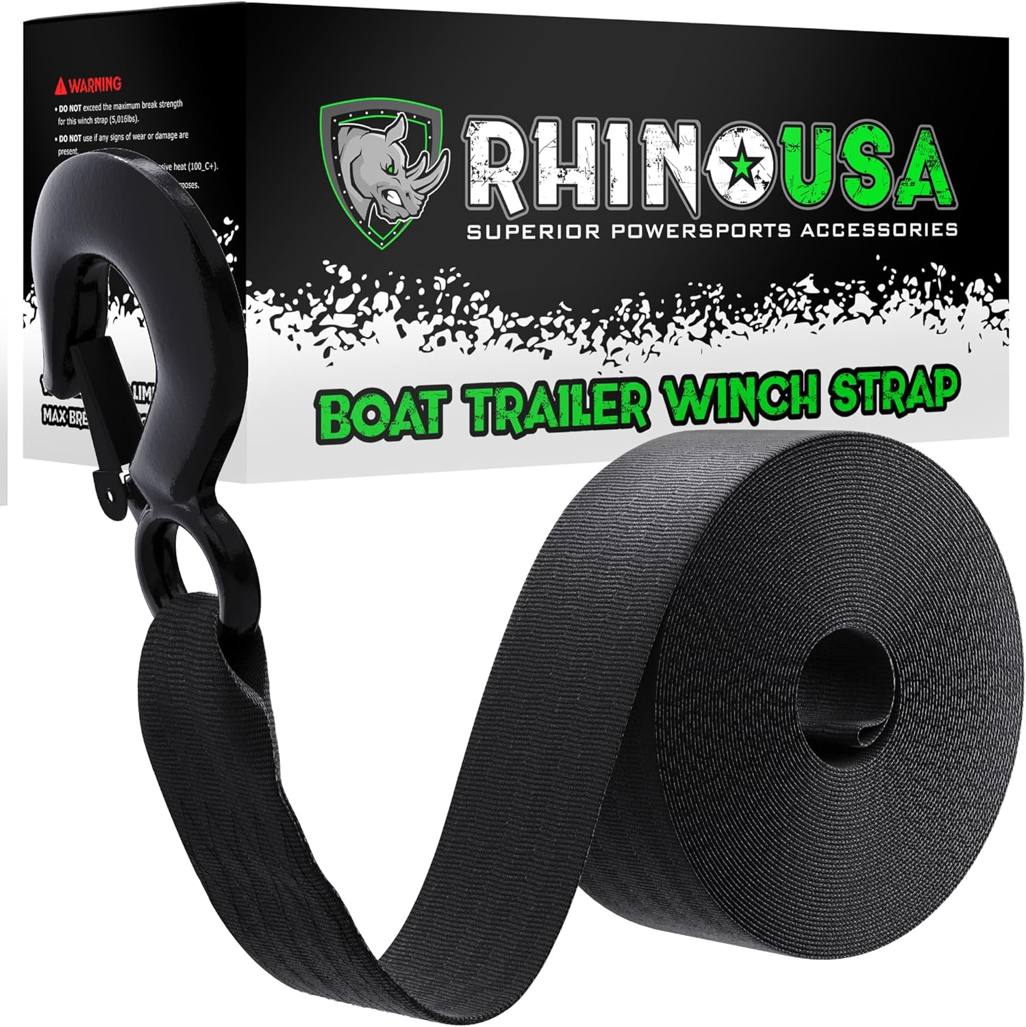 Rhino USA Boat Winch Strap with Hook (2" x 20') - 5,016lb Break Strength - Ultimate Replacement Boat Trailer Winch Straps with Safety Hook - Compatible with Pontoon, Jet Ski, Fishing Boat & More!