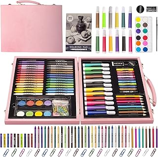 KINSPORY Art Set for Kids, 86PC Coloring Art Kit, Wooden Drawing Art Supplies Case, Sketch Book, Markers Crayon Colour Pencils for Budding Artists Kids Teens (Pink)