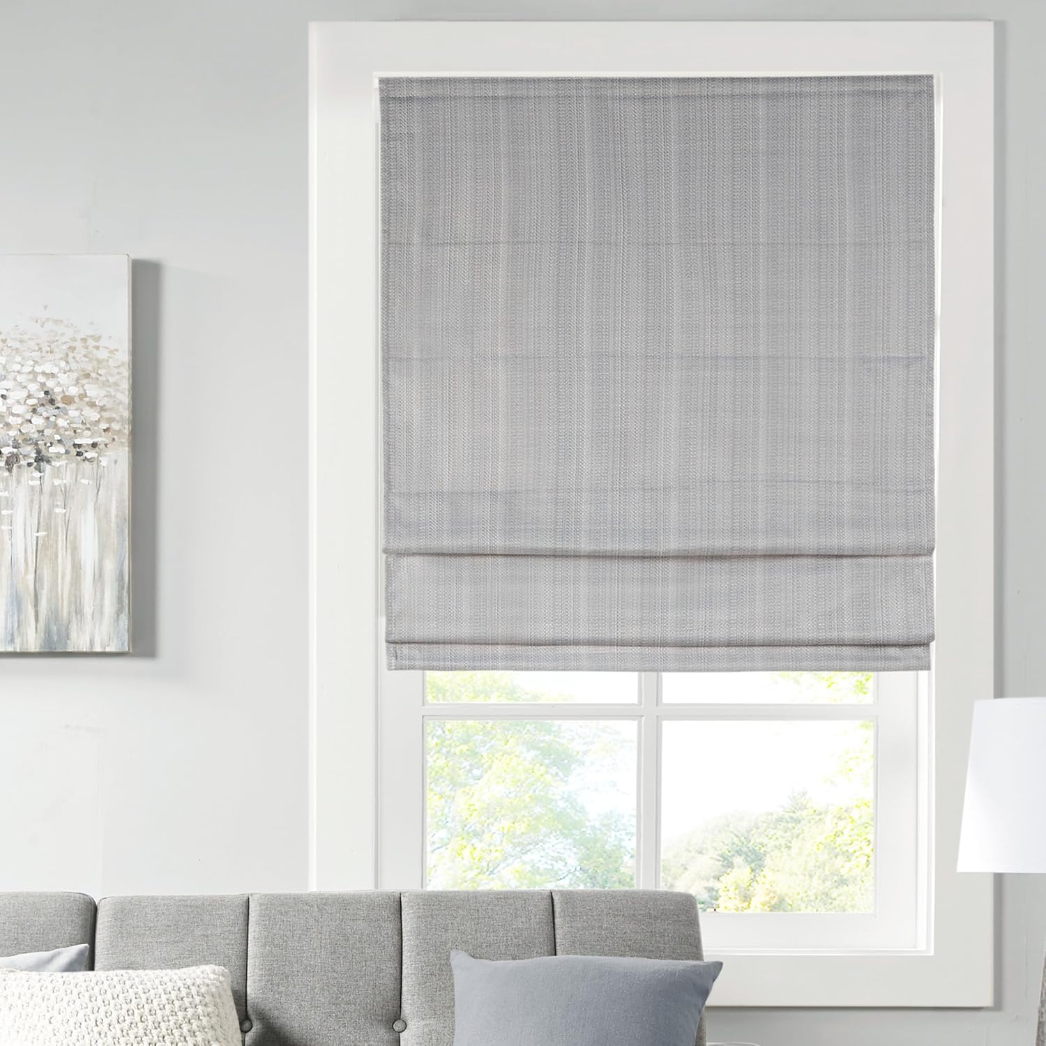 Madison Park Galen Cordless Fabric Privacy Single Panel Darkening, Energy Efficient Roman Shade, Window Curtain, 31"W x 64"H, Basketweave Sheen Grey