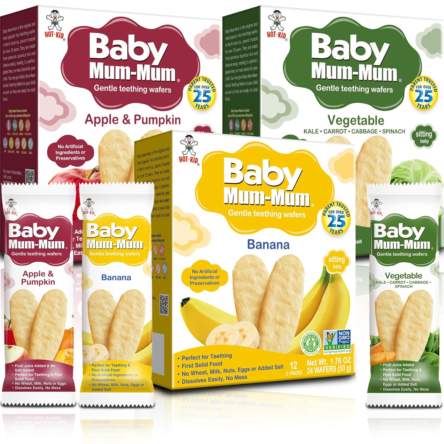 Baby Mum-Mum Gentle Teething Crackers, Vegetable, Apple, Bannana Variety Pack | 24 Count (Pack of 3) | Gluten Free, Allergen Free, Non-GMO | Baby Snacks, Teether Relief Rice Rusk Cookies for Toddlers