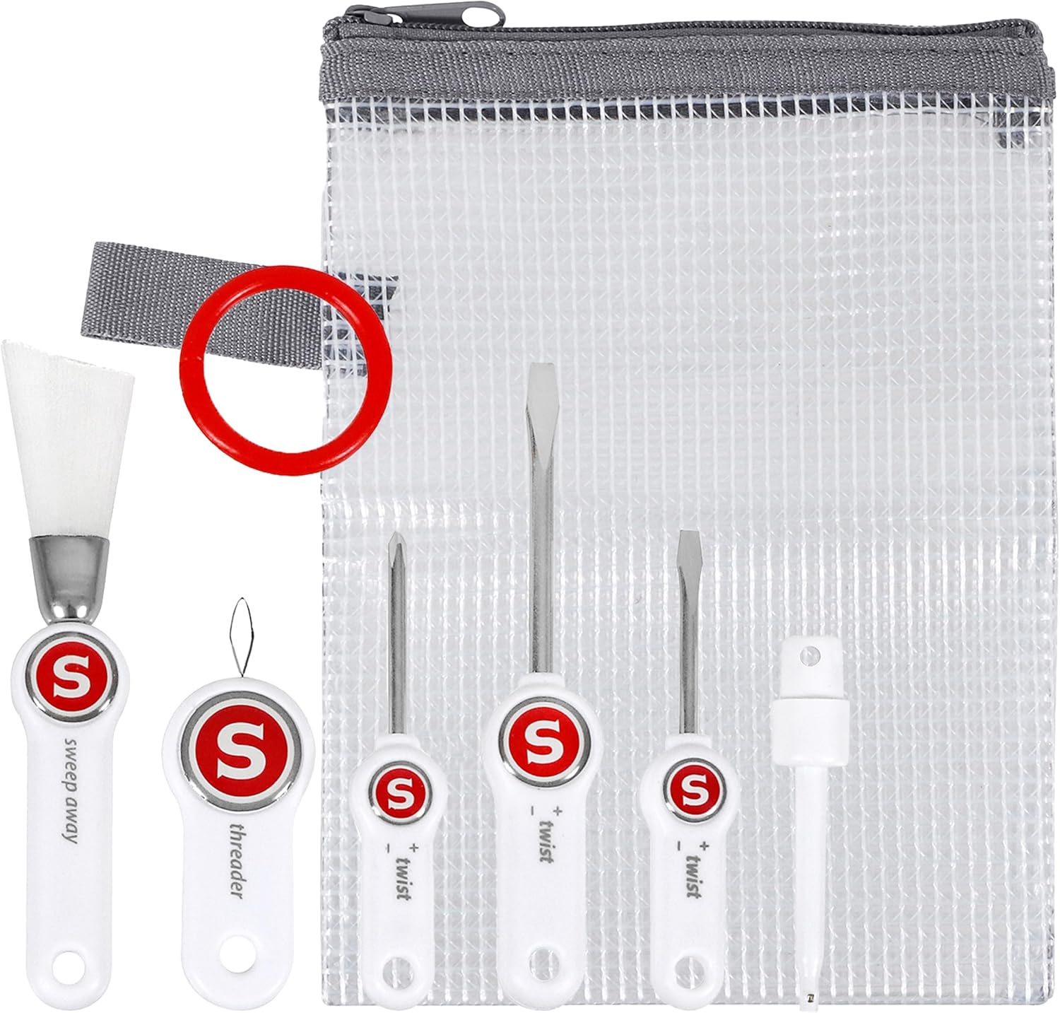 SINGER Sewing Machine Maintenance Kit - Tool Set with Needle Inserter, Angled Lint Brush, Set of 3 Screwdrivers, Needle Threader - Universal Compatibility & Storage Pouch Included, 7pc