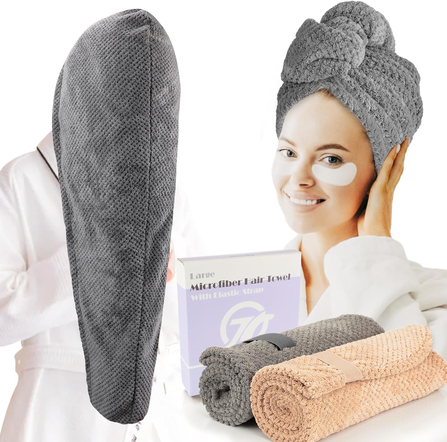 FREATECH 2-Pack Large Microfibre Hair Towel Wrap 86 x 26 cm, Thicken Super Absorbent Hair Turbans for Wet Hair, Anti-frizz Hair Drying Towel with Elastic Band for Women Long Thick Curly Plopping Hair