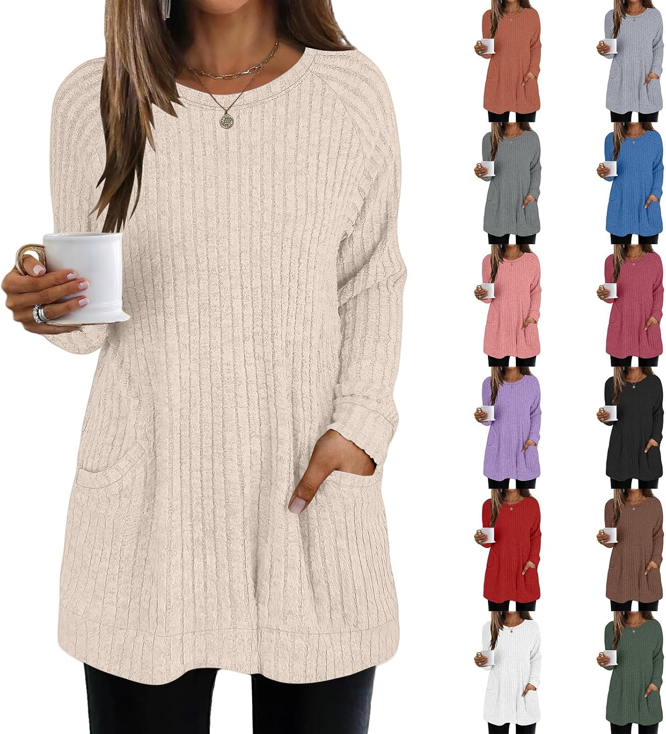 Jumpers for Women Uk Lightweight With Pocket Long Sleeve Tops Casual Round Neck Ladies Tunic Top Long Tops To Wear With Leggings Ladies Lightweight Knit Jumper Sweater