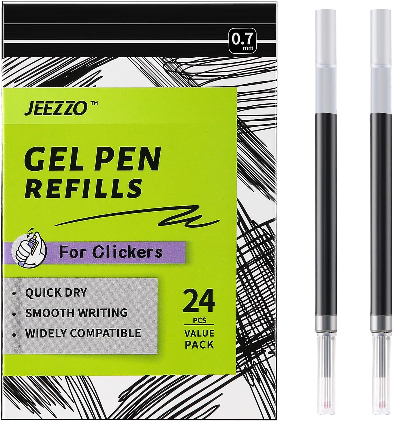 Gel Ink Refills for Retractable Click Pens, Medium Point Pen Refills Compatible with Pilot G2 Pentel Energel Jetstream Sharpie S-Gel Uniball Signo Zebra Sarasa (Black, 0.7mm, 24 pcs)