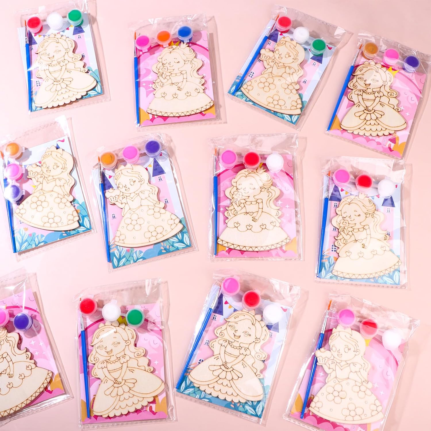 Haishell 12 Pcs Birthday Theme Party Favors Wooden Painting Crafts Bulk with Game Cards Paint Brushes Supplies for Themed Party Decorations (Princess)