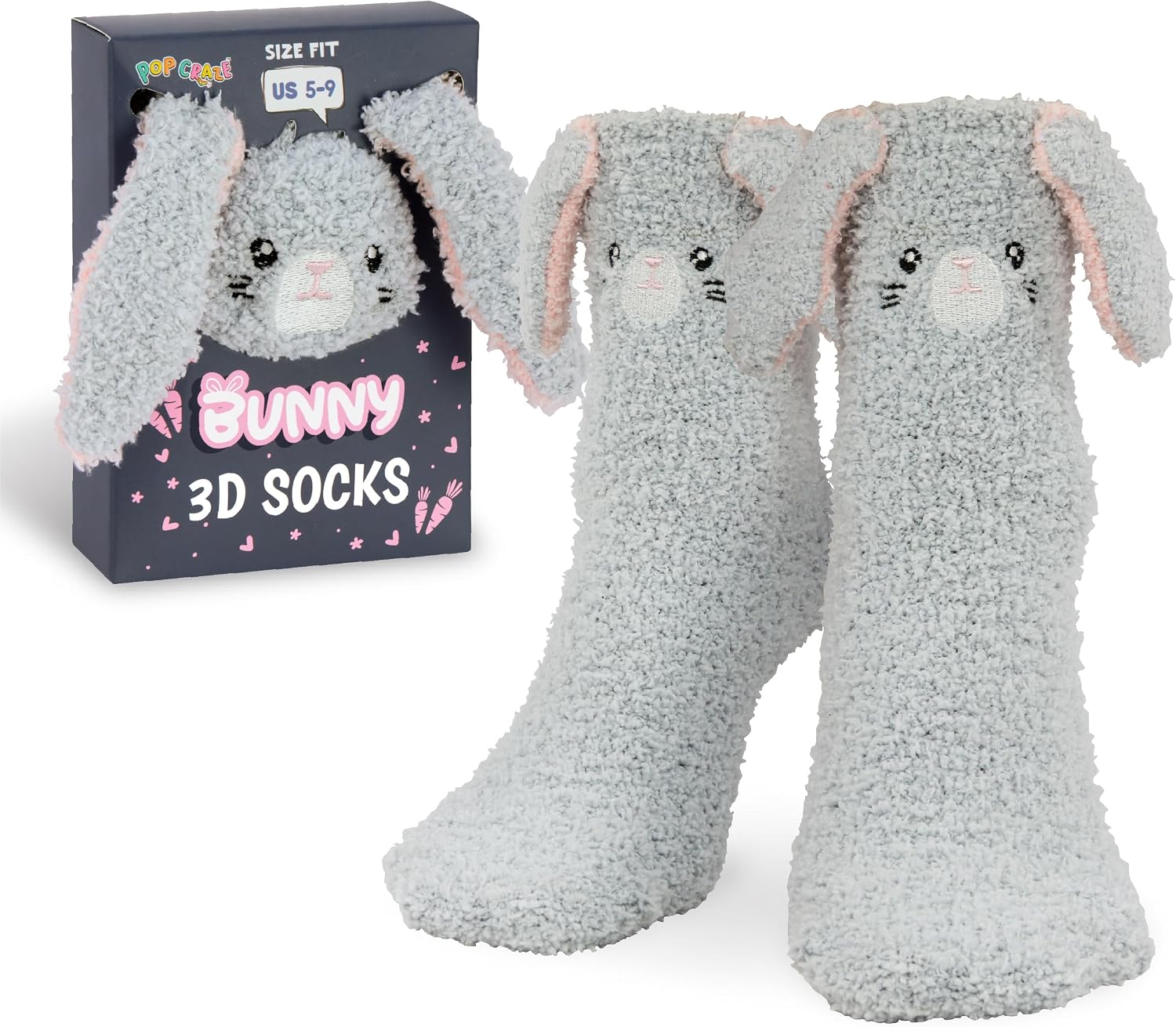 POPCRAZE Novelty Fuzzy Bunny Socks Unisex Soft Plush Cozy | One size fits US 5–9; 1 pair of rabbit-themed crew socks with a plush, ultra-soft feel perfect for lounging.