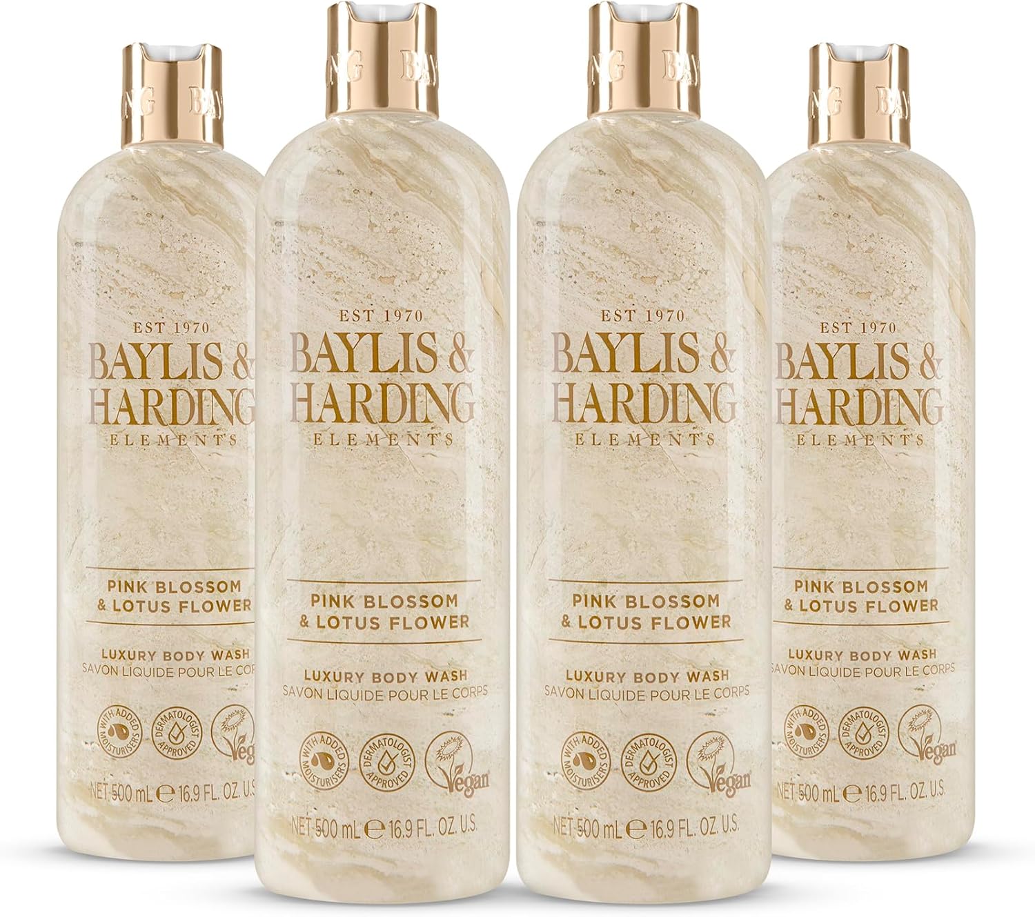 Baylis & Harding Elements Pink Blossom & Lotus Flower Luxury Body Wash, 500 ml (Pack of 4) - Vegan Friendly