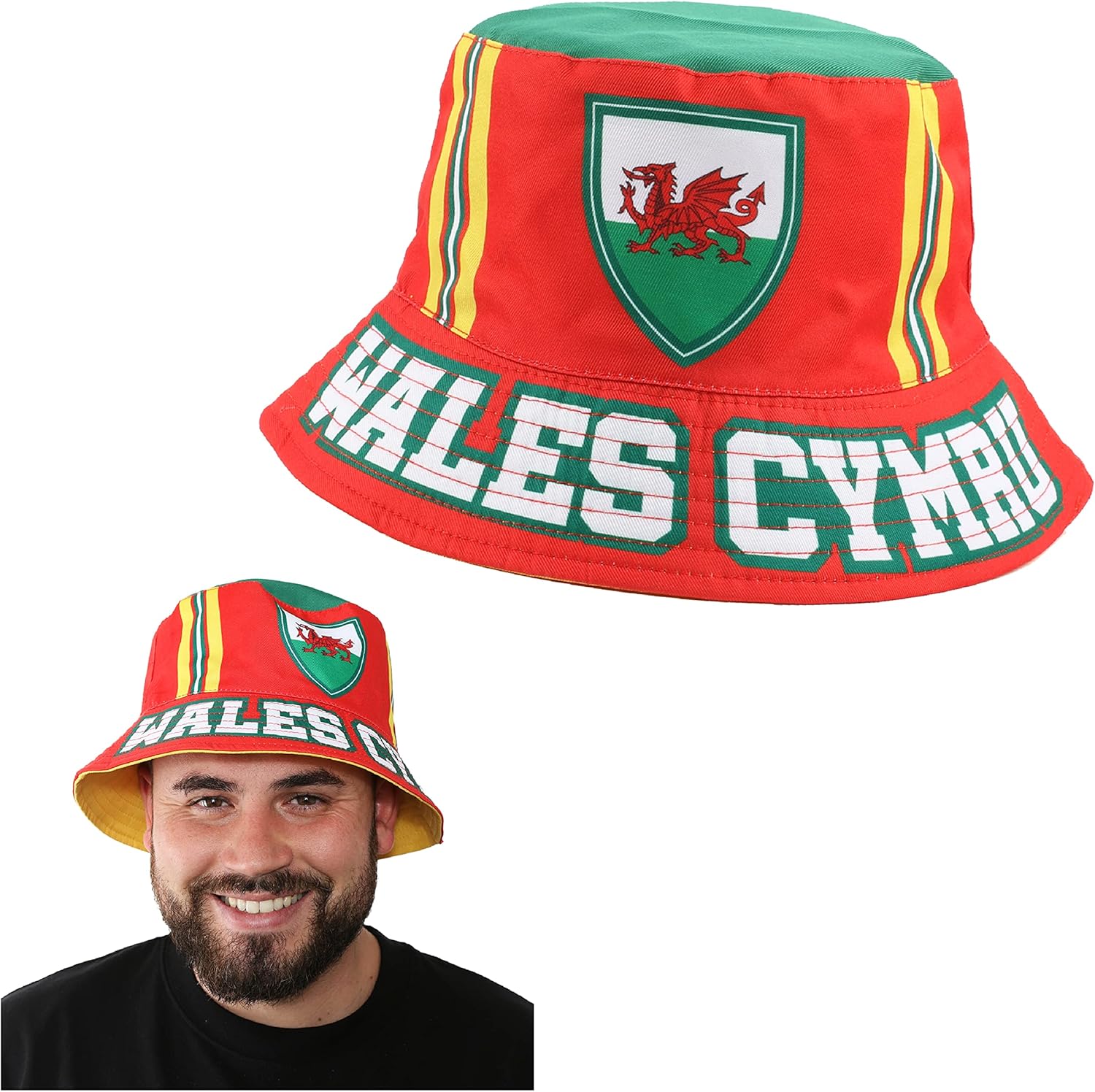 I LOVE FANCY DRESS LTD Wales Bucket Hat - Pack of 1 - Red Bucket Hat with Welsh Flag and Wales Cymru Print - Welsh Football World Cup Supporters Accessory