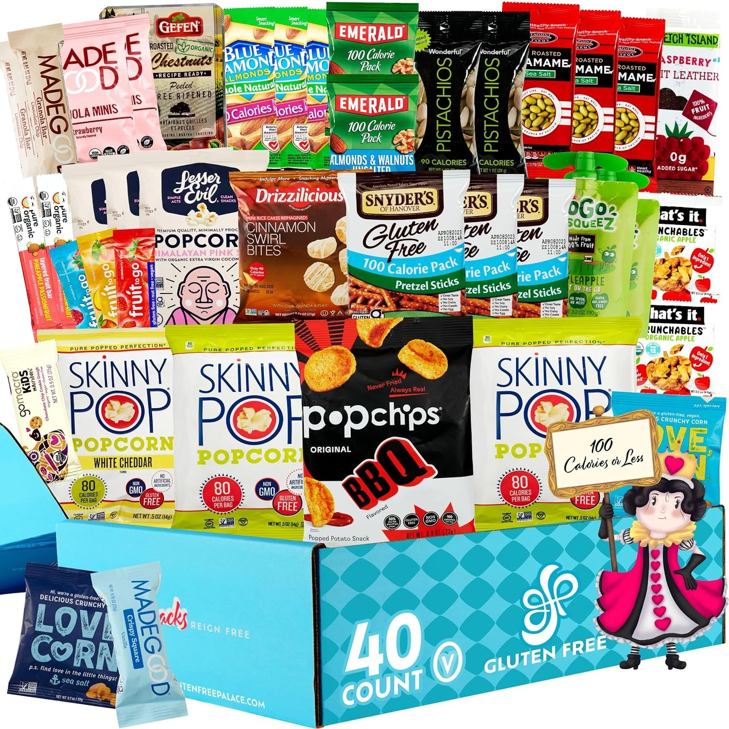 Gluten Free Palace 100 Calorie Snacks Variety Pack – Healthy Snacks Care Package - Low Calorie, Vegan, Protein Bars & Nuts – Food Gifts for Birthday, Adults, College Students & Corporate (40 Count)