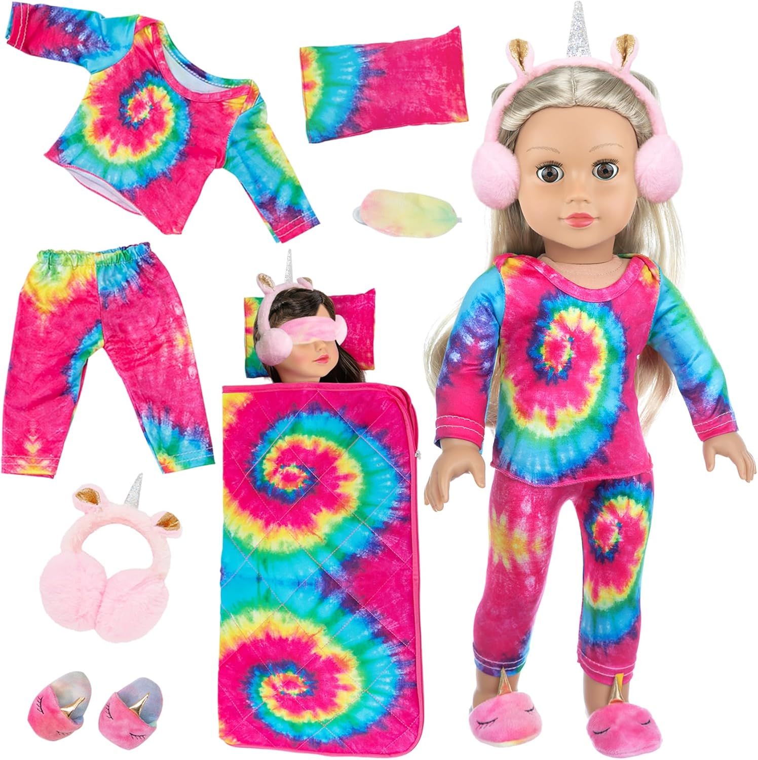 Ecore Fun 18 inch Girl Doll Clothes and Accessories Set-Colorful Tie-Dyed Sleeping Bag Pajamas Eye Masks Earmuffs Pillow Fits 18 inch Doll