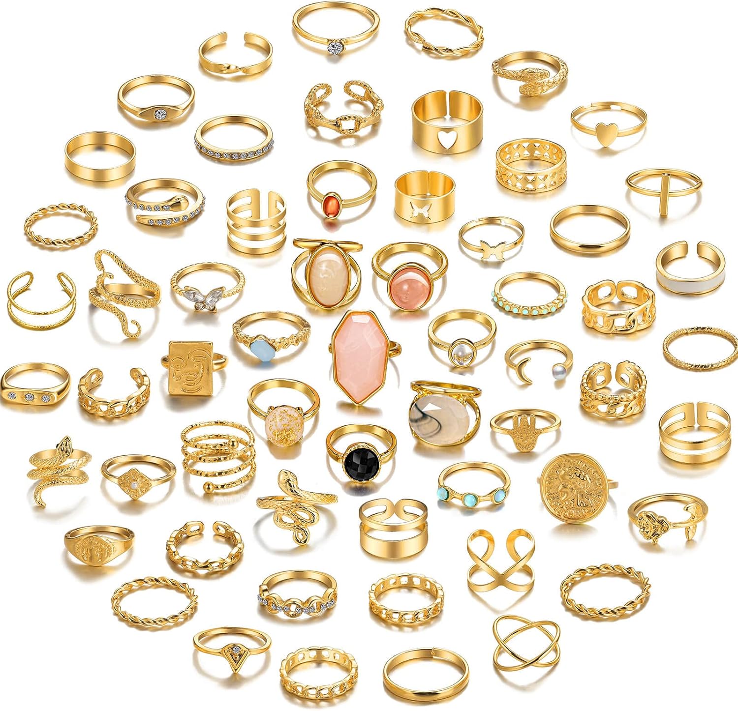 17KM 60 Pcs Gold Stacks Ring Sets for Women Non Tarnish, Dainty Vintage Stackable Rings Pack, Finger Midi Knuckle Rings for Jewelry Gift