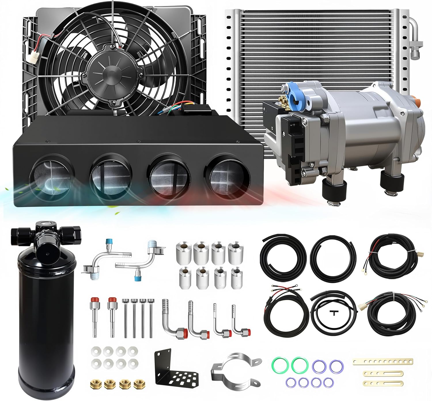 Universal 12V Heating and Cooling Air Conditioner A/C Kit Under Dash Universal Fit for most vehicle models such as RVs, trucks vans excavators buses sedans pickups and underdash air conditioner.