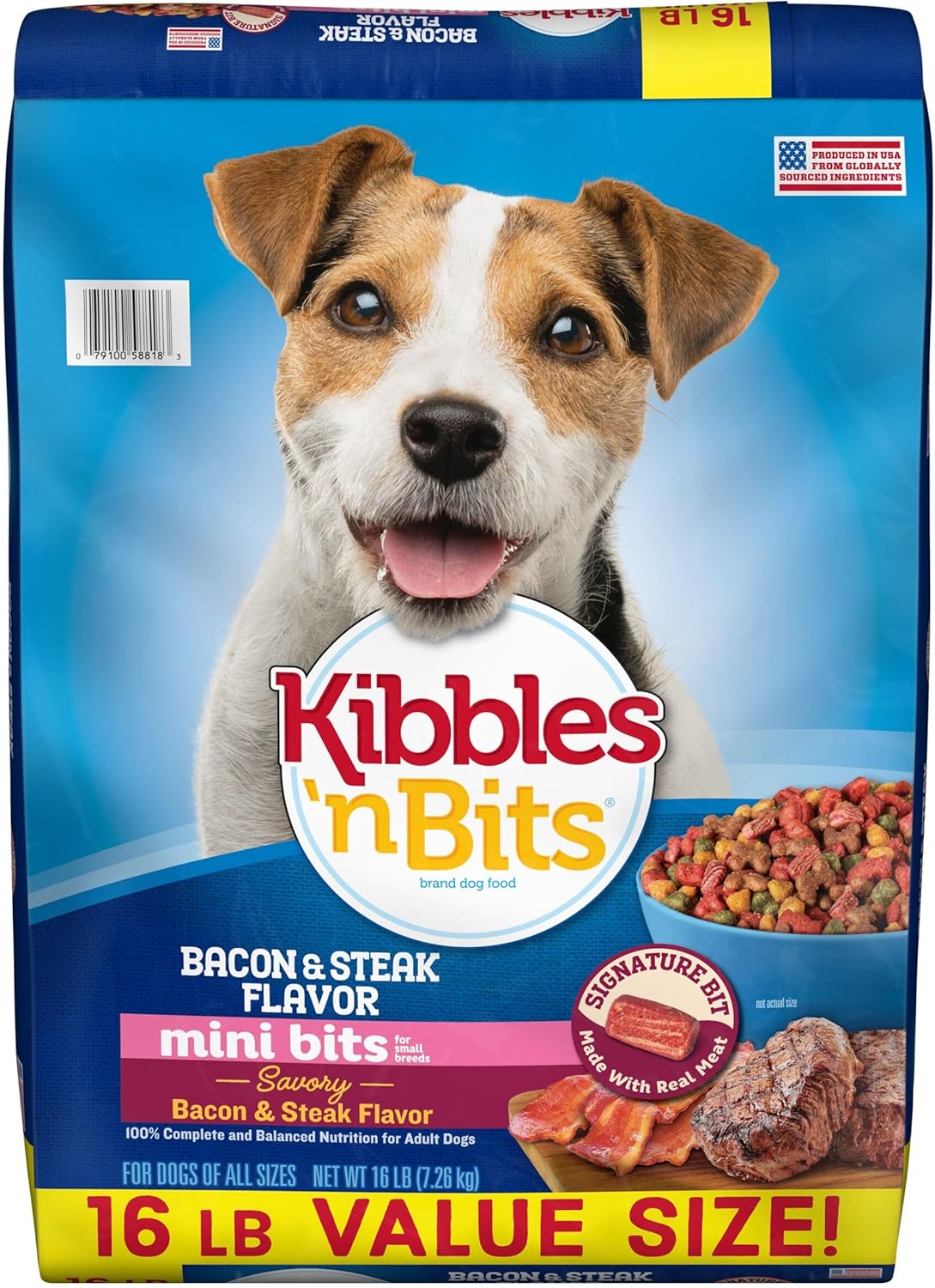 Kibbles 'n Bits Mini Bits Bacon & Steak Flavor, Dry Small Breed Dog Food, 16-Pound Bag