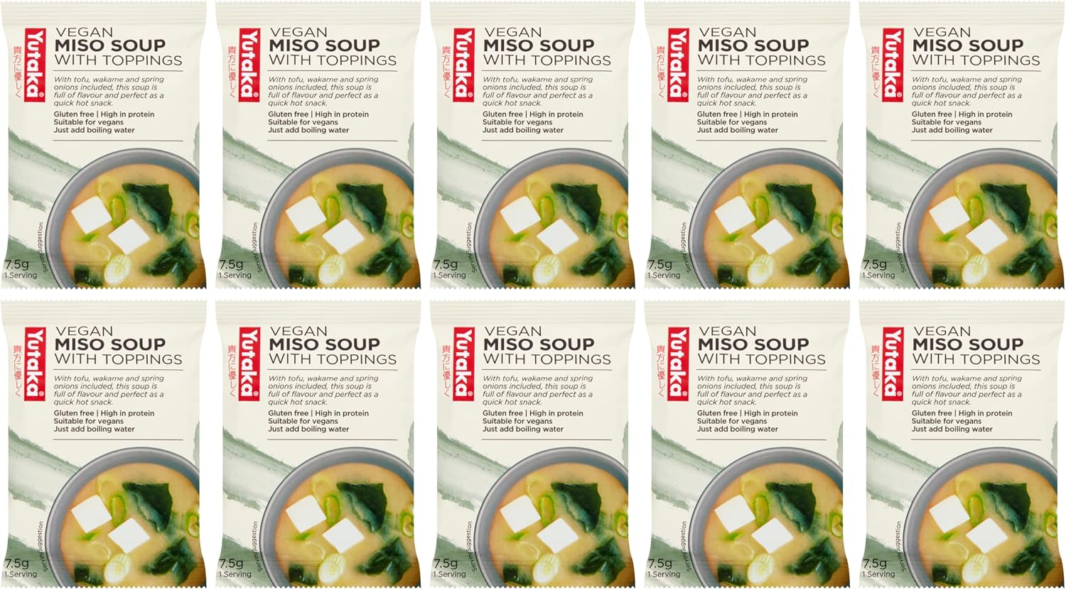 Yutaka - Instant Vegan Miso Soup with Toppings, 7.5g, Pack of 10 - with Spring Onion, Tofu & Wakame Seaweed - Gluten-Free, High in Protein - Vegan-Friendly, Quick & Easy to Prepare