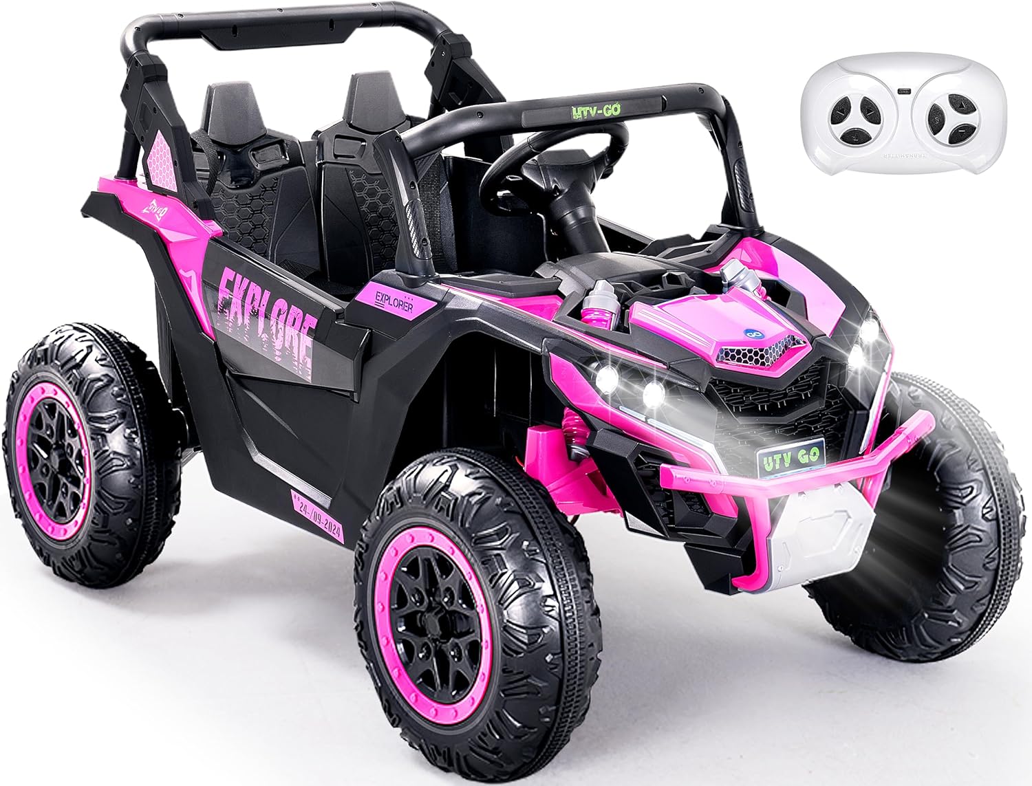 Evmore 24V 2-Seater Ride-On Car for Big Kids, 4WD Off-Road UTV Electric Vehicle with 7Ah Large Battery, Remote Control, Shock Absorbers, Safety Belt, Music, and LED Lights (Pink)