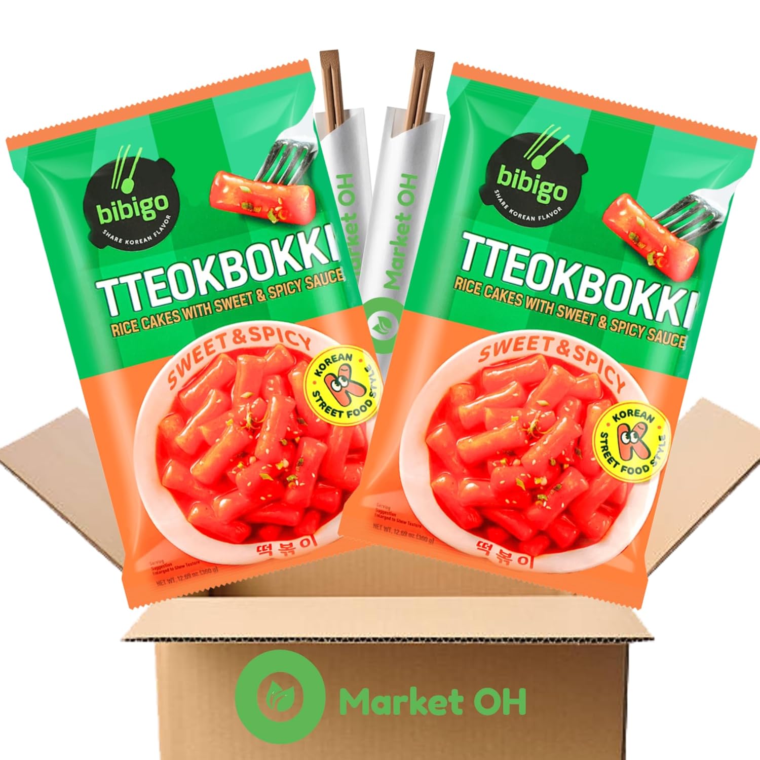 BIBIGO Tteokbokki Sweet & Spicy Rice Cakes Meal Kit 2 Pack (12.69 oz each) + 2 OHMARKET Chopsticks