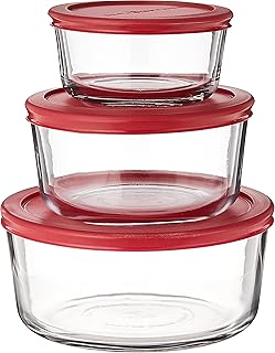 Anchor Hocking Classic Glass Food Storage Containers with Lids, Red, 6-Piece Set, Model Number: