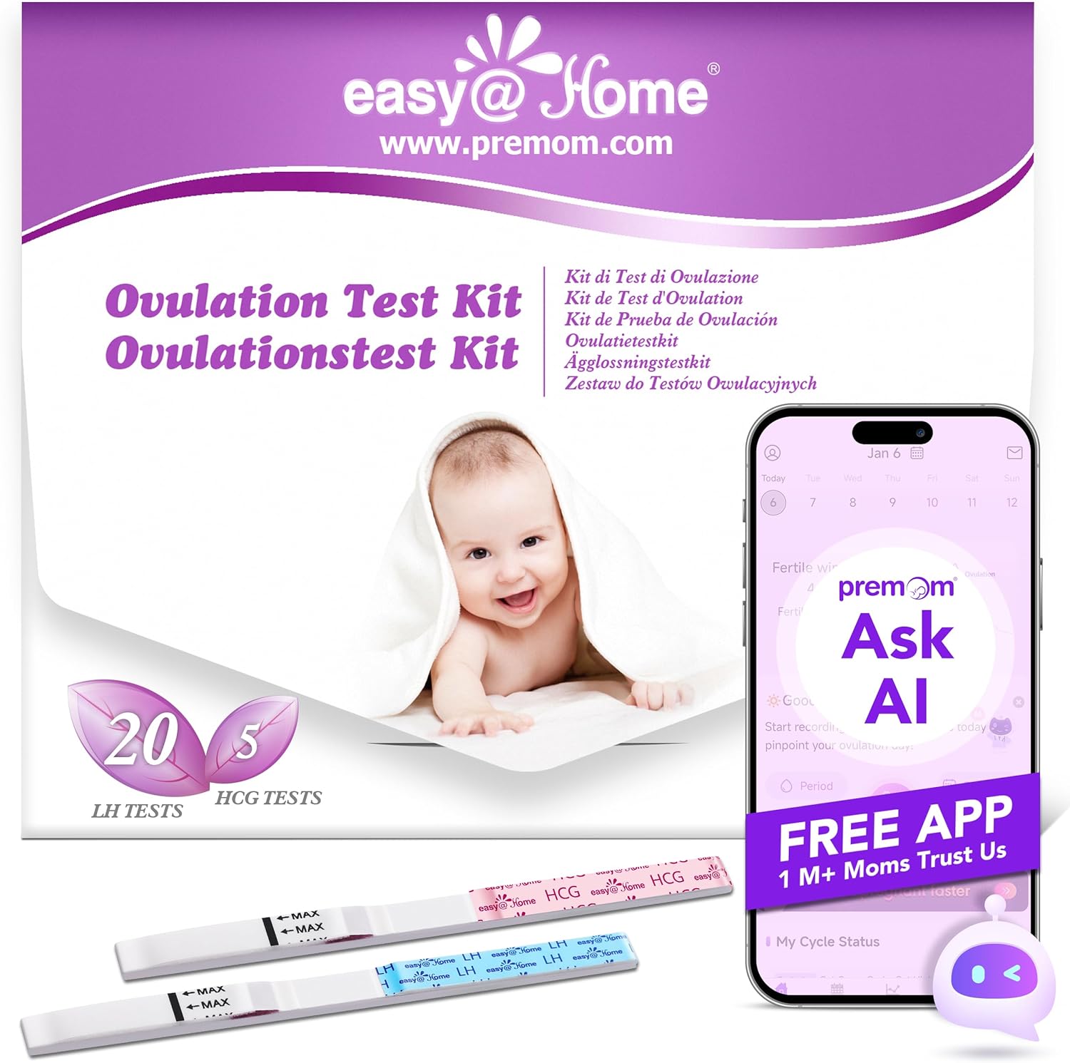 Ovulation Fertility Test Predictor Kit: Easy@Home 20 LH + 5 HCG Strips Accurate Fertility Test for Women Ovulation Monitor - Powered by Premom Ovulation Tracker App