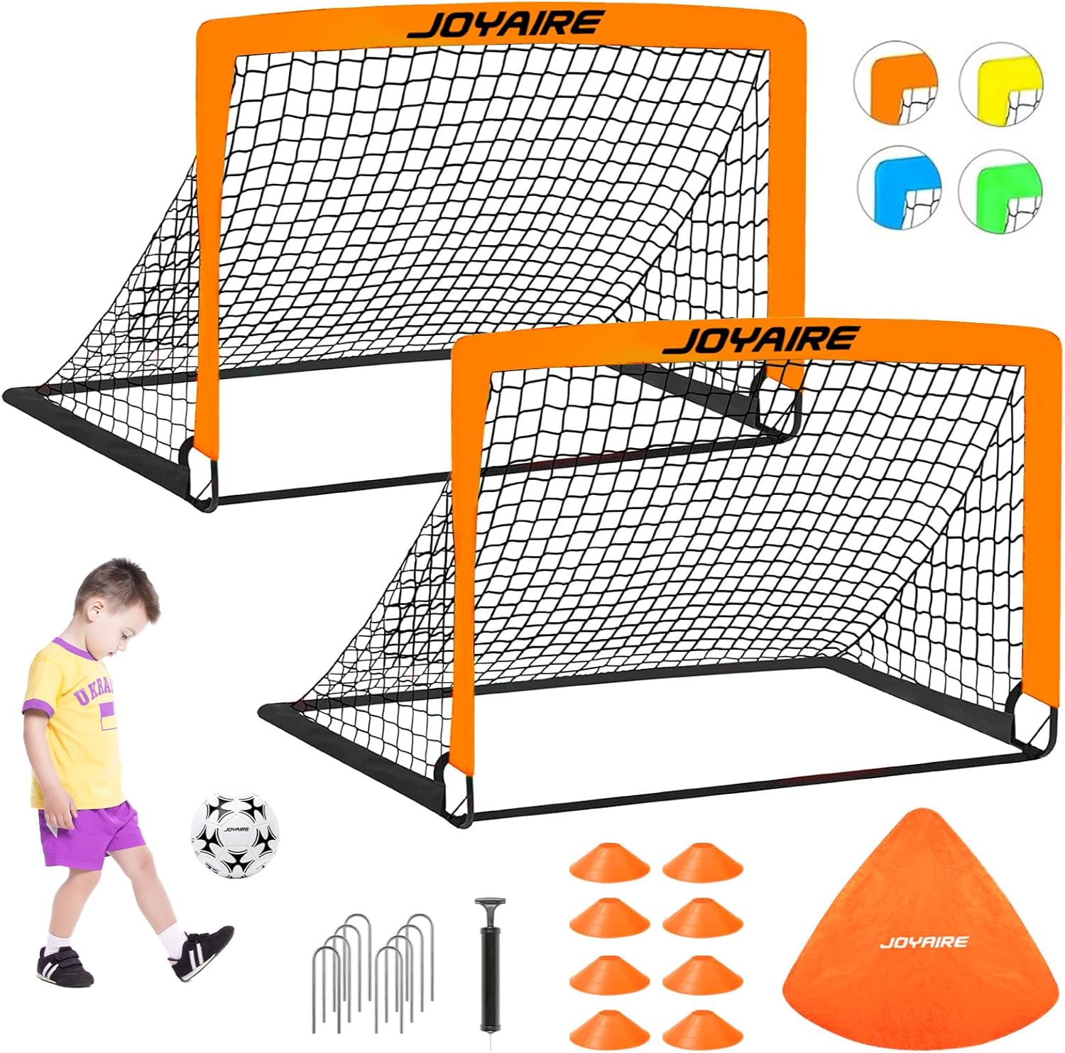 Kids Soccer Goals for Backyard Set, Portable Toddler Soccer Goal 2 of 4x3 ft, 6x4 ft, 7x5 ft, Soccer Training Equipment, Pop Up Soccer Net Kit with Size 4 Soccer Ball, Youth Games, Outdoor Sports Play