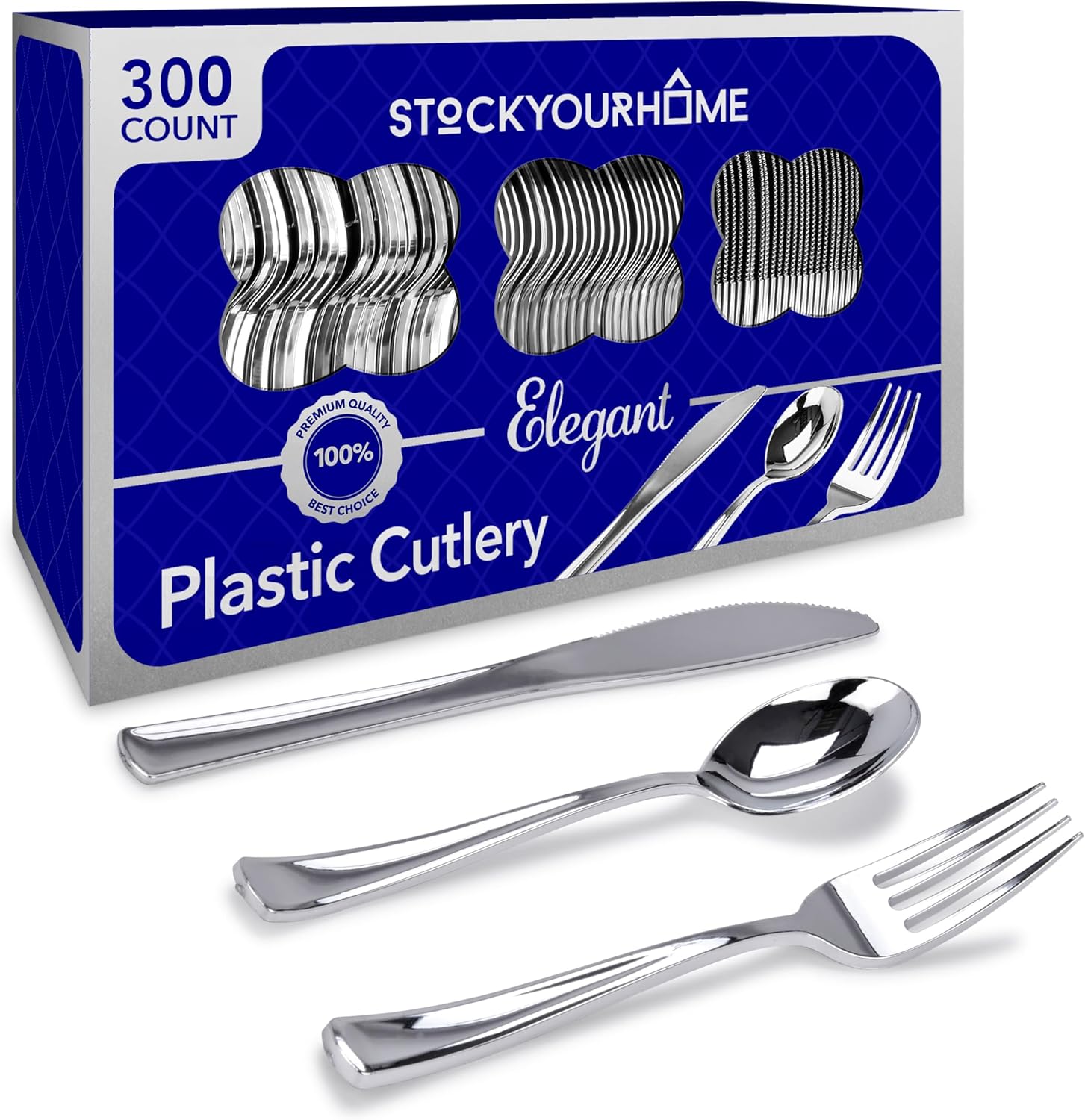 Stock Your Home Silver Plastic Cutlery Set 300 Pack Disposable Silverware Heavy Duty Plastic 100 Forks, 100 Knives, 100 Spoons for Catering Events, Parties, Dinners, Weddings, Receptions, Everyday Use