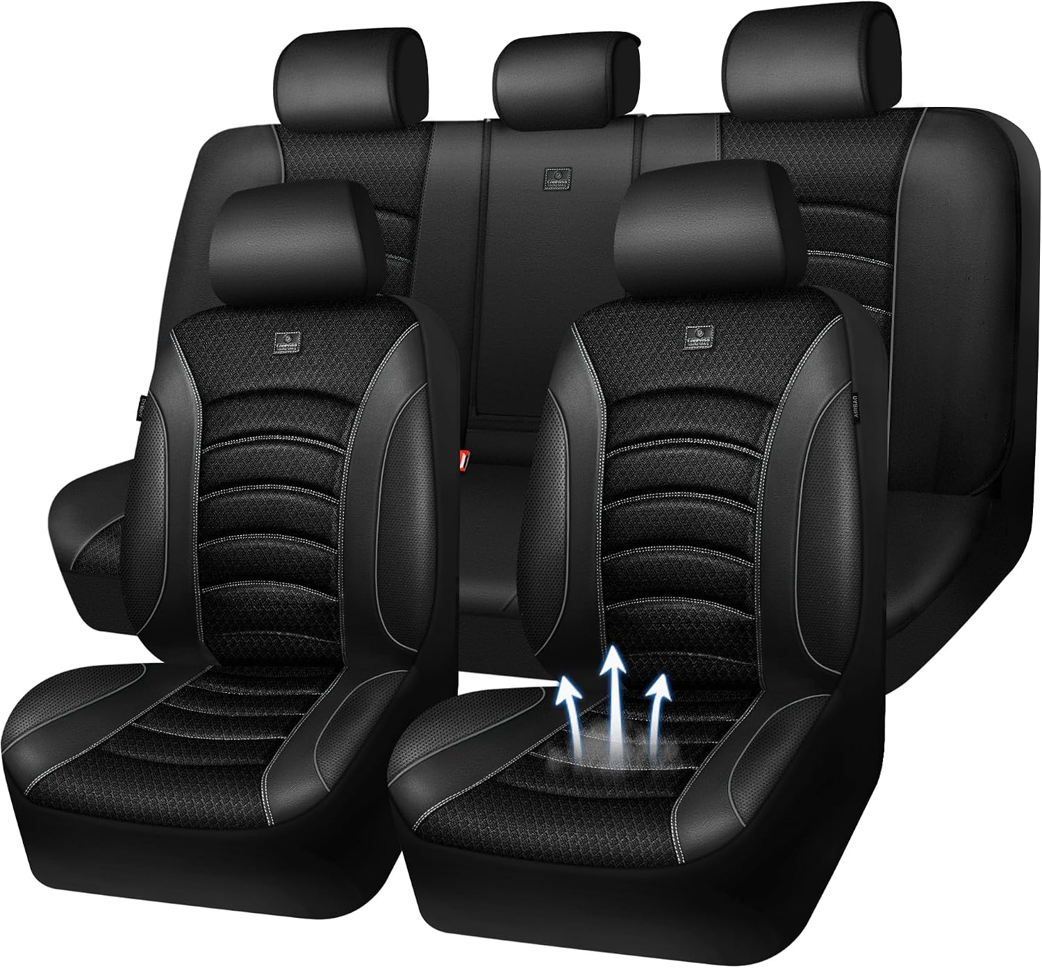 CAR PASS Comfortable 3D Foam Mesh Leather Car Seat Covers Full Sets, Air Cool Mesh Breathable Seat Covers for Car, Universal 5 Seats Fit for SUV Truck Sedan Automotive, Airbag Compatible,Black Gray