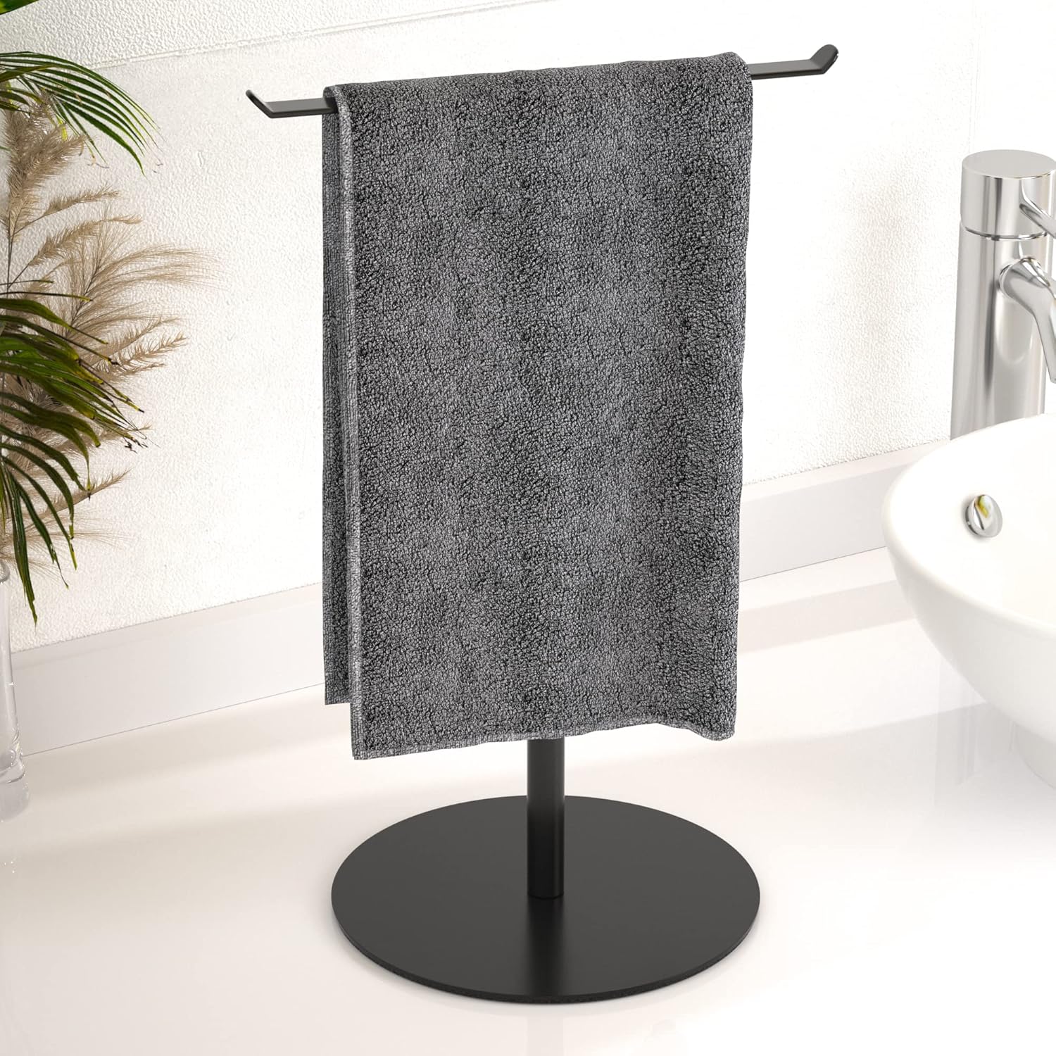 Matte Black Hand Towel Holder for Bathroom, T-Shape Towel Rack Free-Standing, Highweight Base Bathroom Towel Rack, Stainless Steel Hand Towel Stand, Bathroom Organizer Countertop