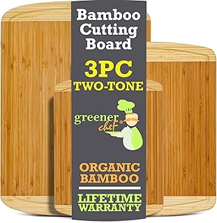 GREENER CHEF Organic Bamboo Cutting Board Set of 3 with Lifetime Replacements - Wood Cutting Board Set with Juice Groove - Wooden Chopping Board Set for Kitchen, Meat, Vegetables and Cheese